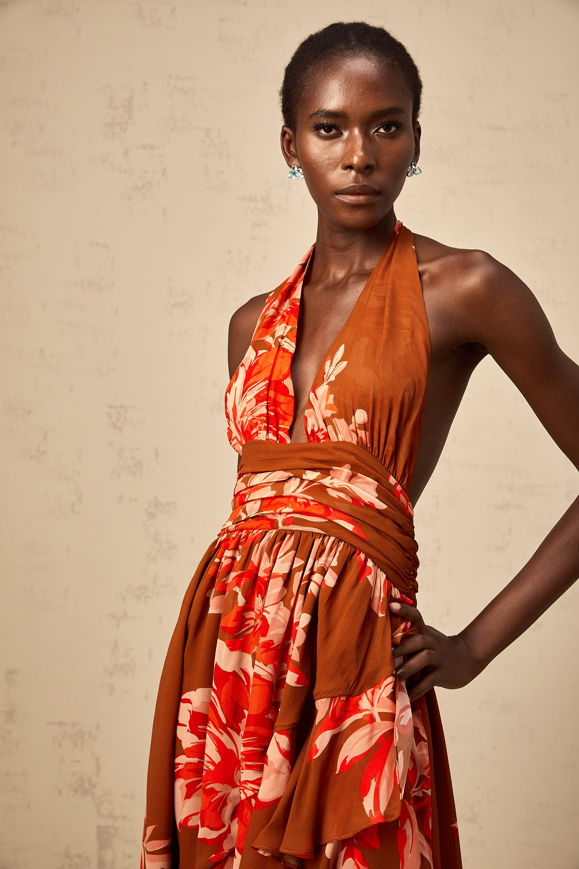 Angélique brown floral-print asymmetrical maxi dress