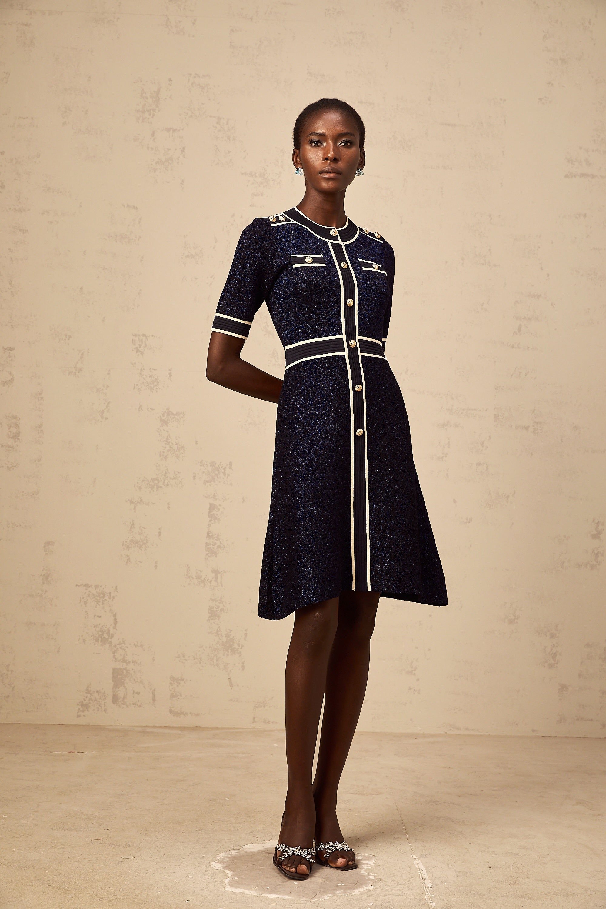 Paulette navy-blue glitter knit mini dress