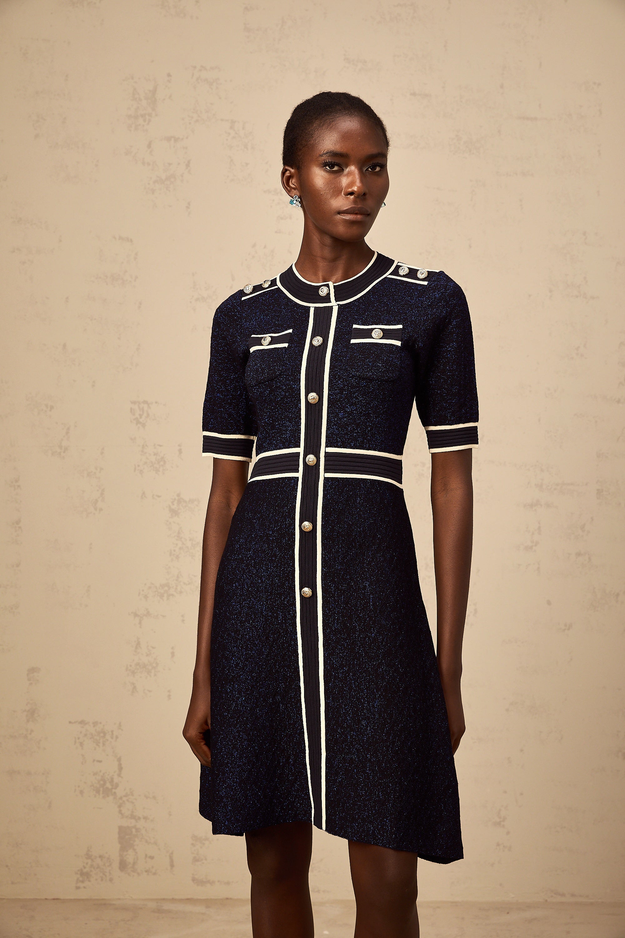 Paulette navy-blue glitter knit mini dress