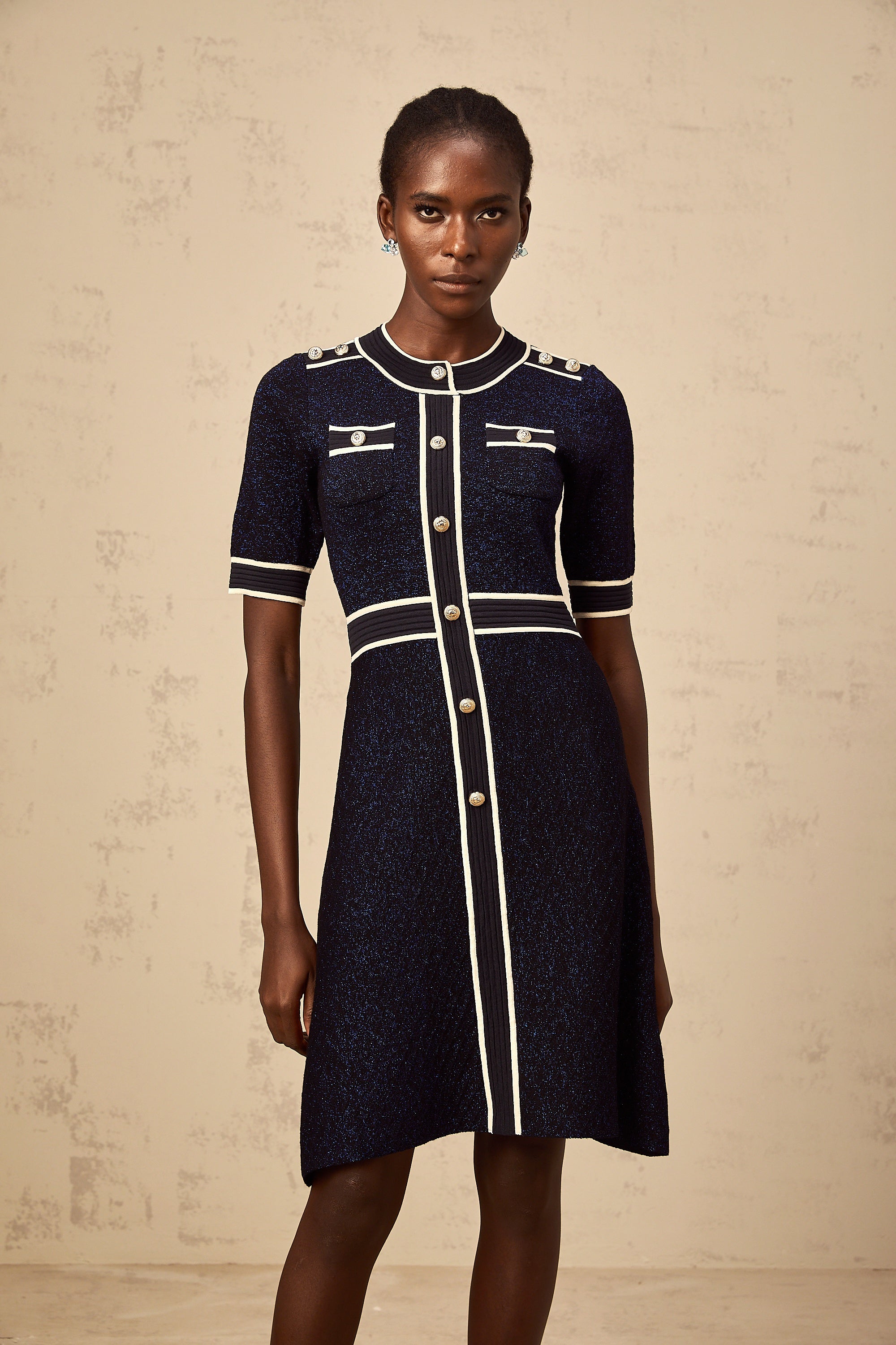 Paulette navy-blue glitter knit mini dress