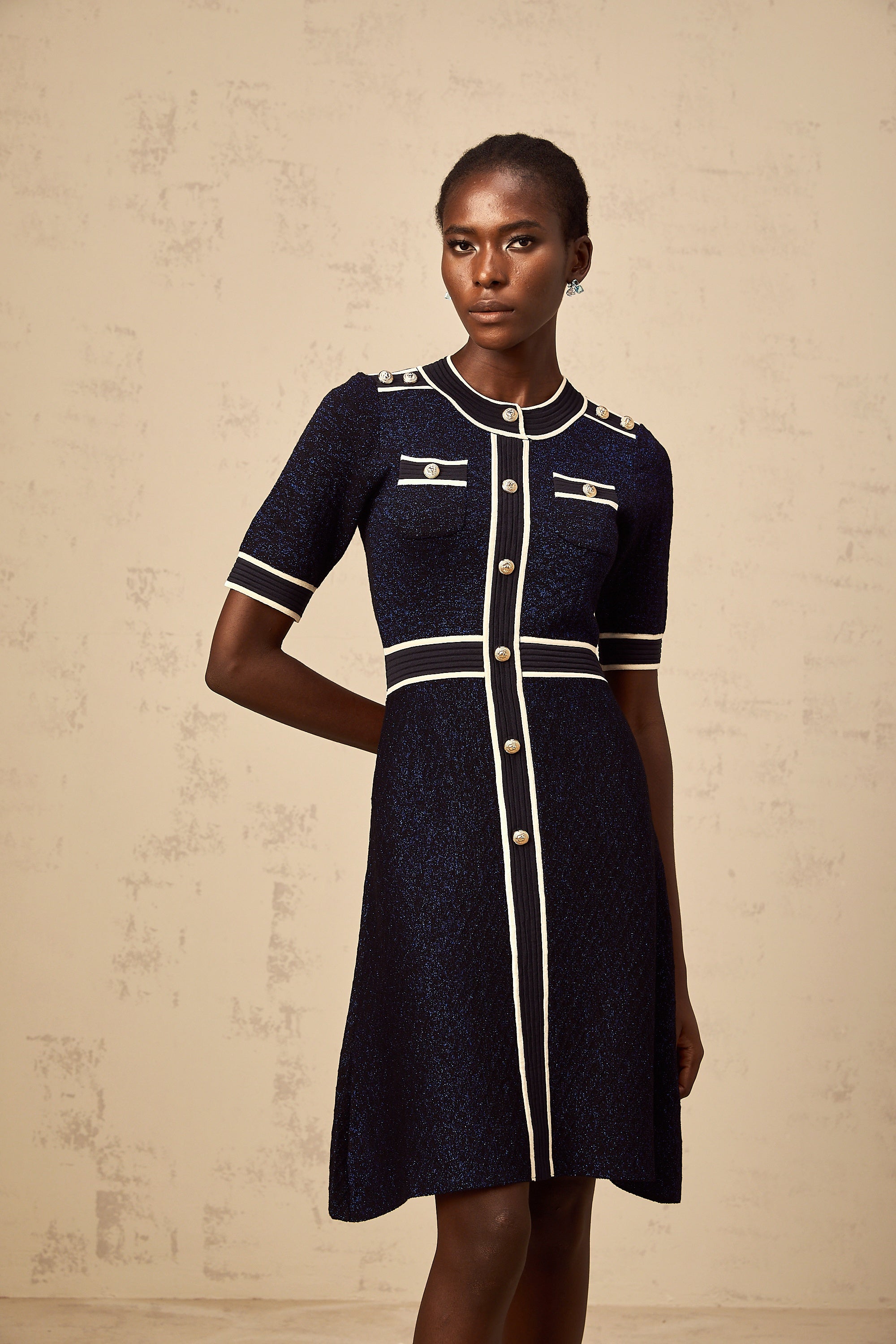 Paulette navy-blue glitter knit mini dress