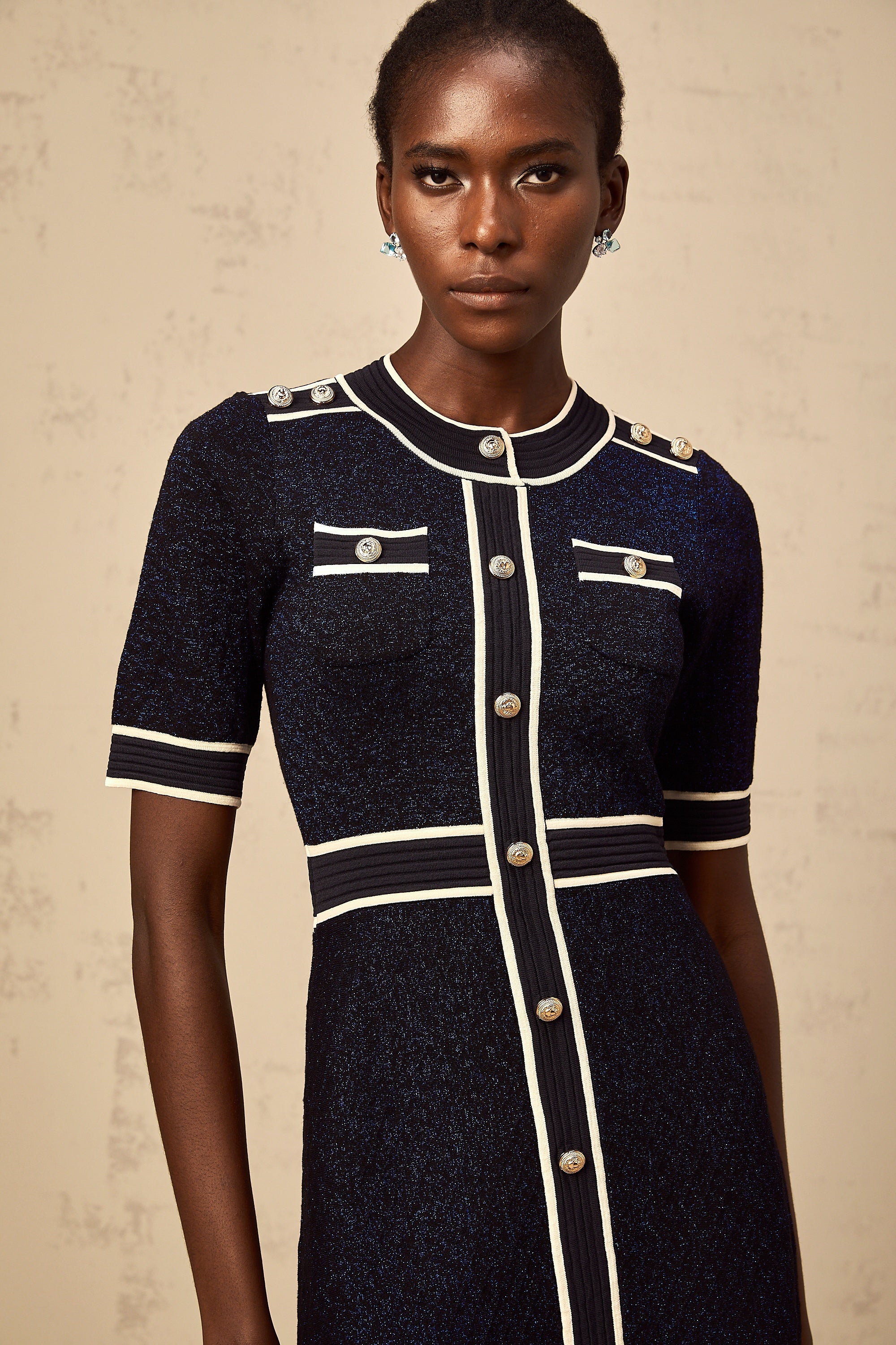 Paulette navy-blue glitter knit mini dress