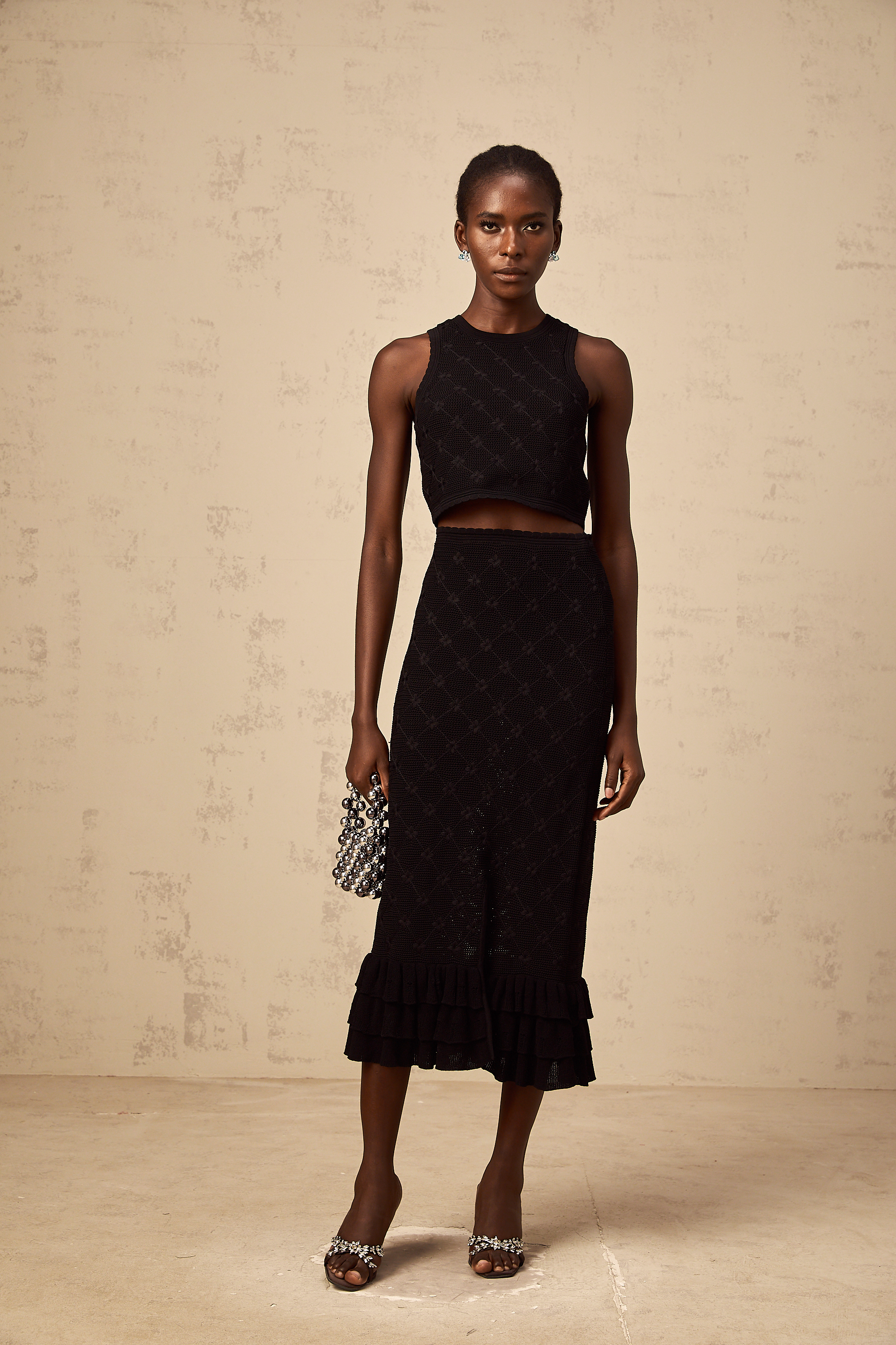 Joëlle black crochet-knit top & skirt matching set