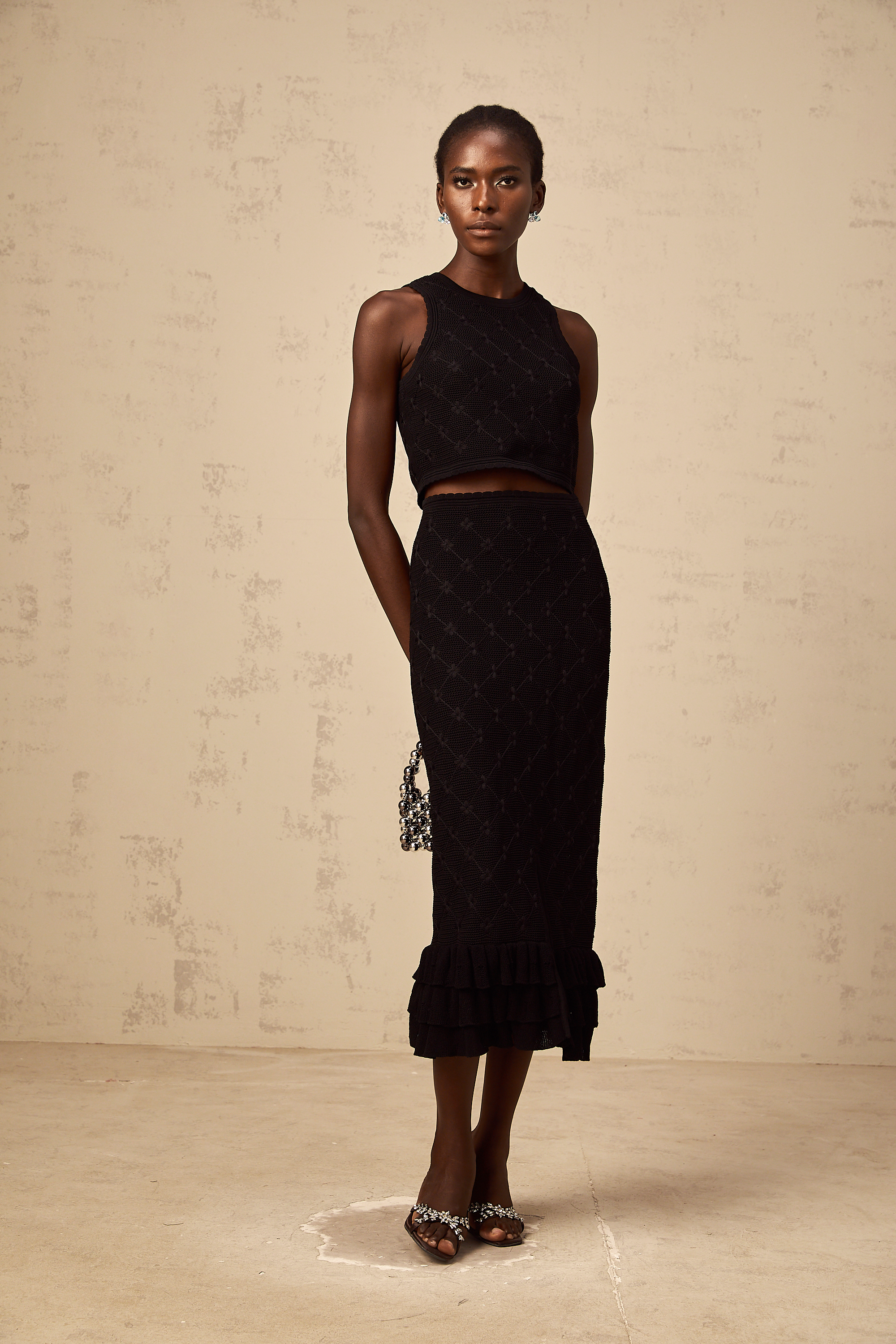 Joëlle black crochet-knit top & skirt matching set