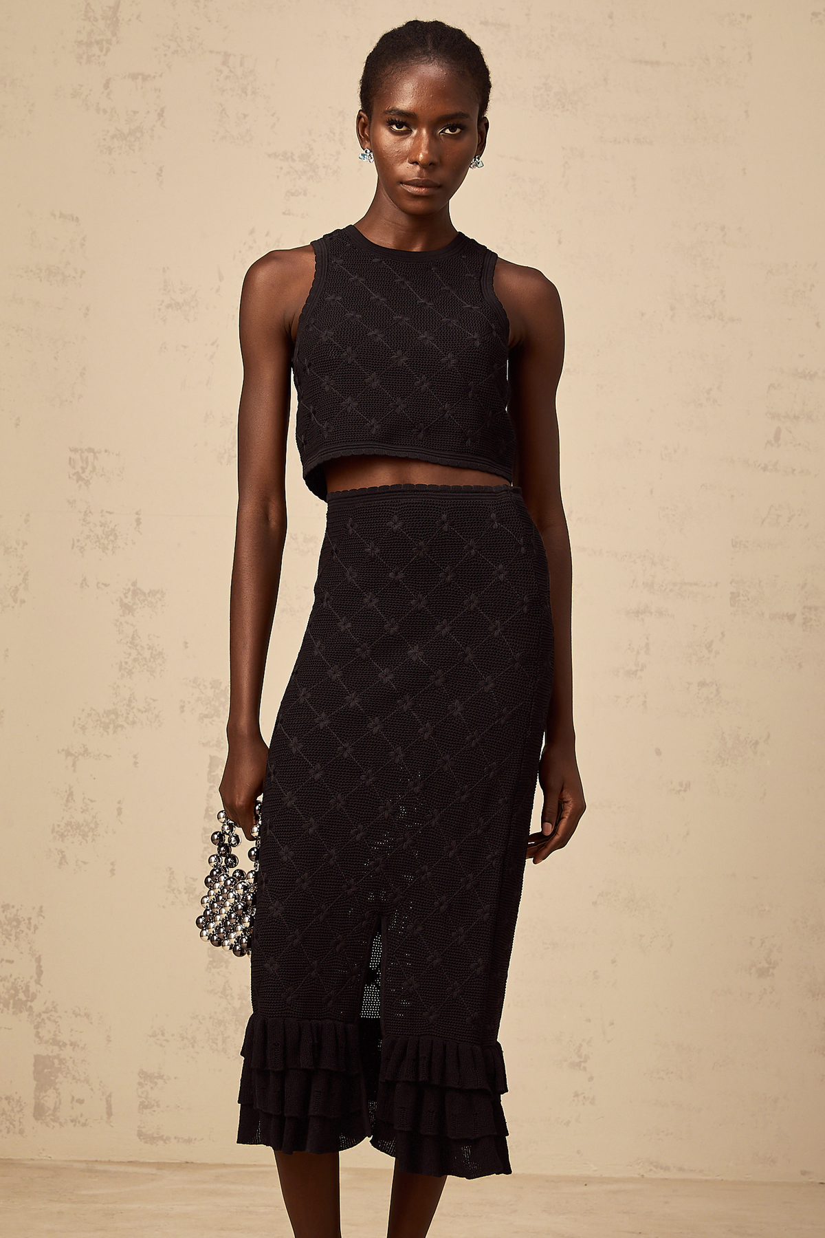 Joëlle black crochet-knit top & skirt matching set
