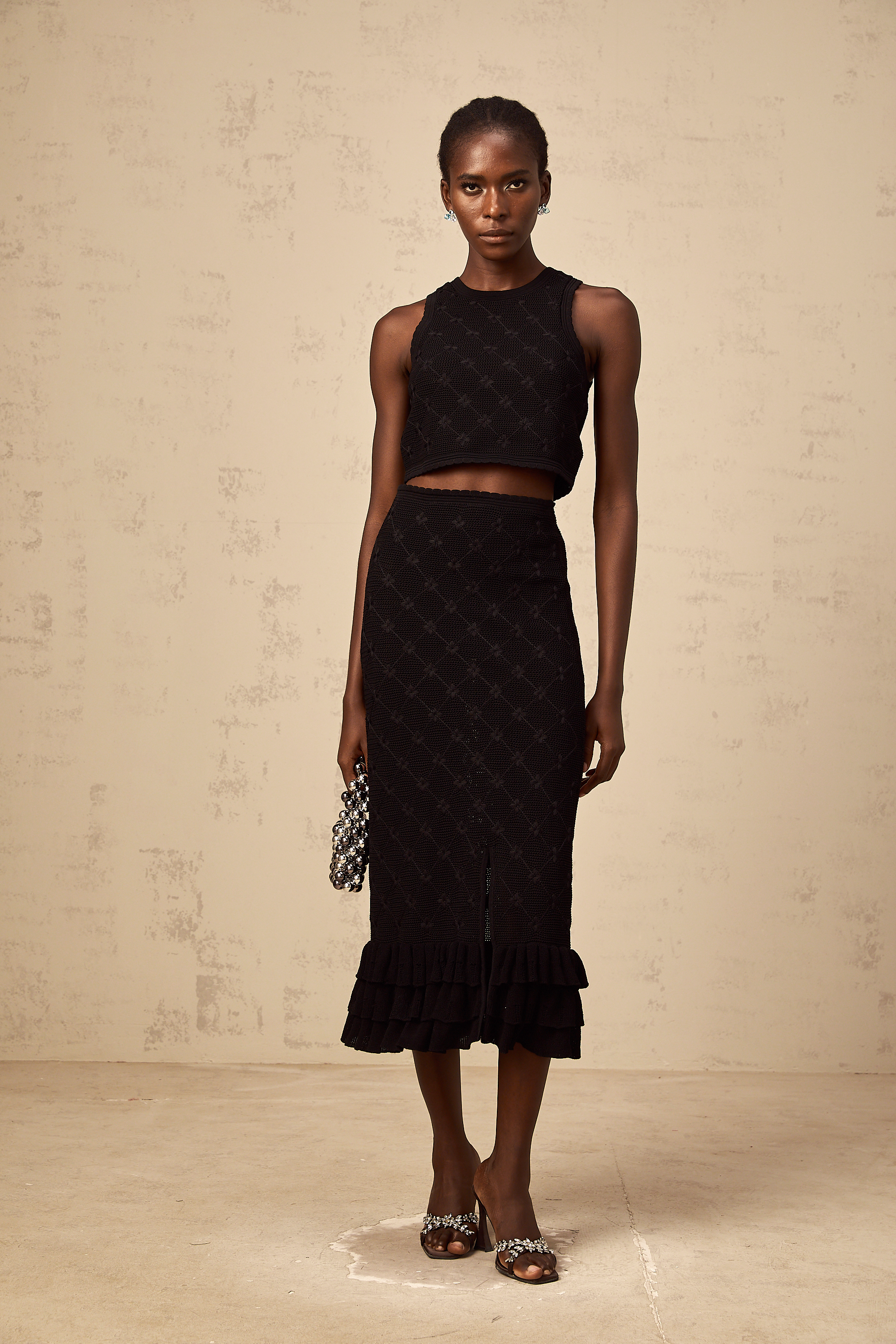 Joëlle black crochet-knit top & skirt matching set