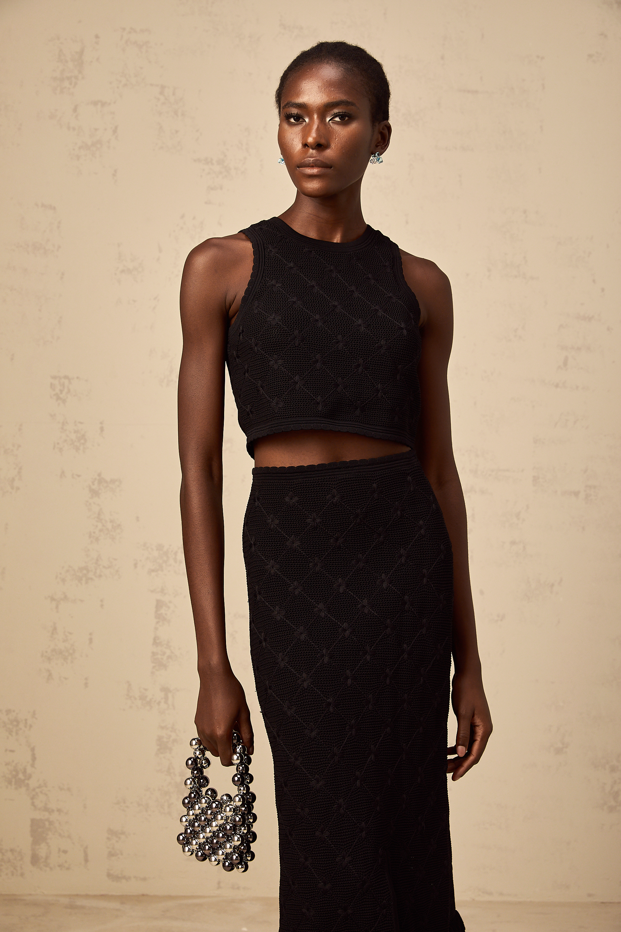 Joëlle black crochet-knit top & skirt matching set