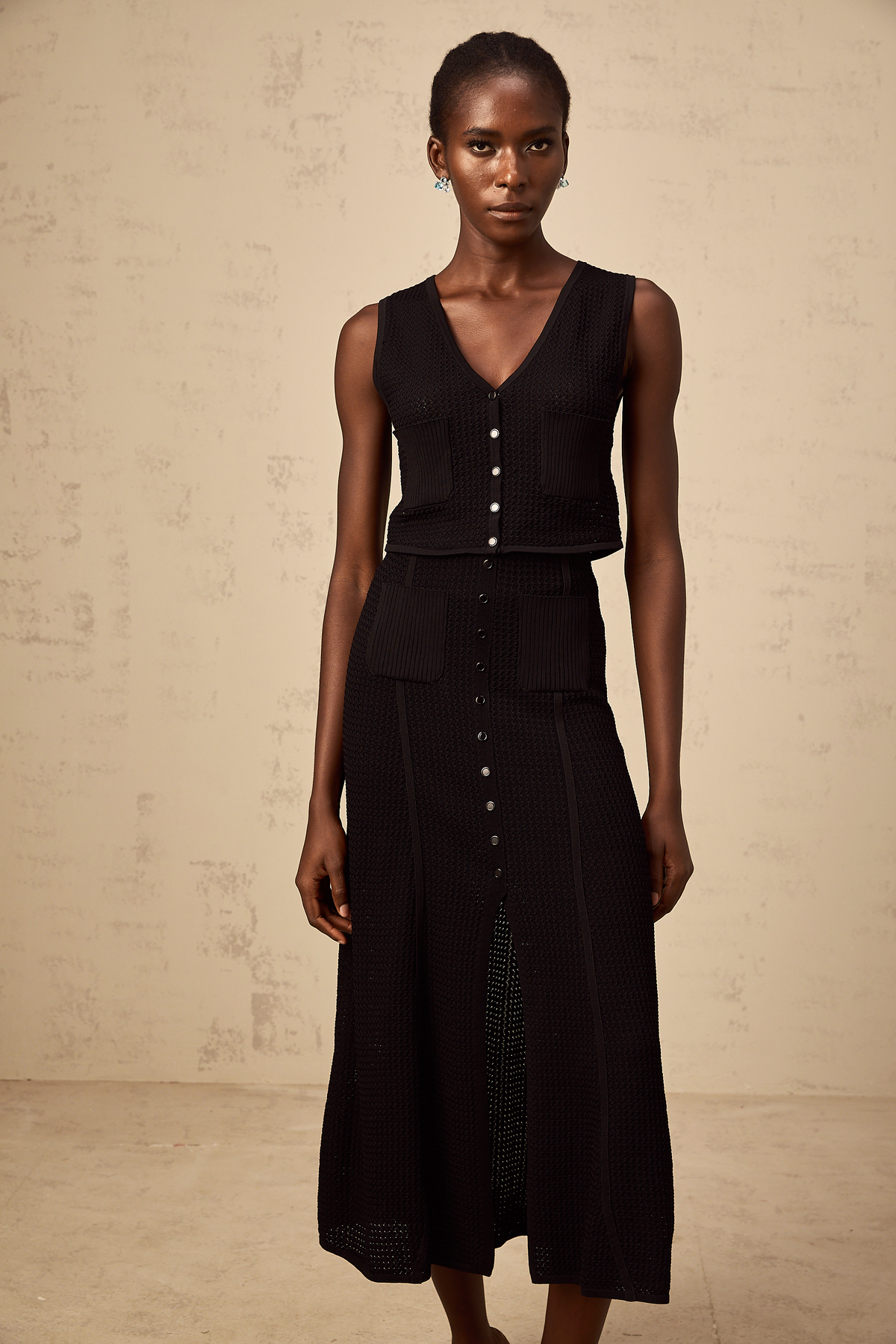 Babette black pointelle-knit top & skirt matching set