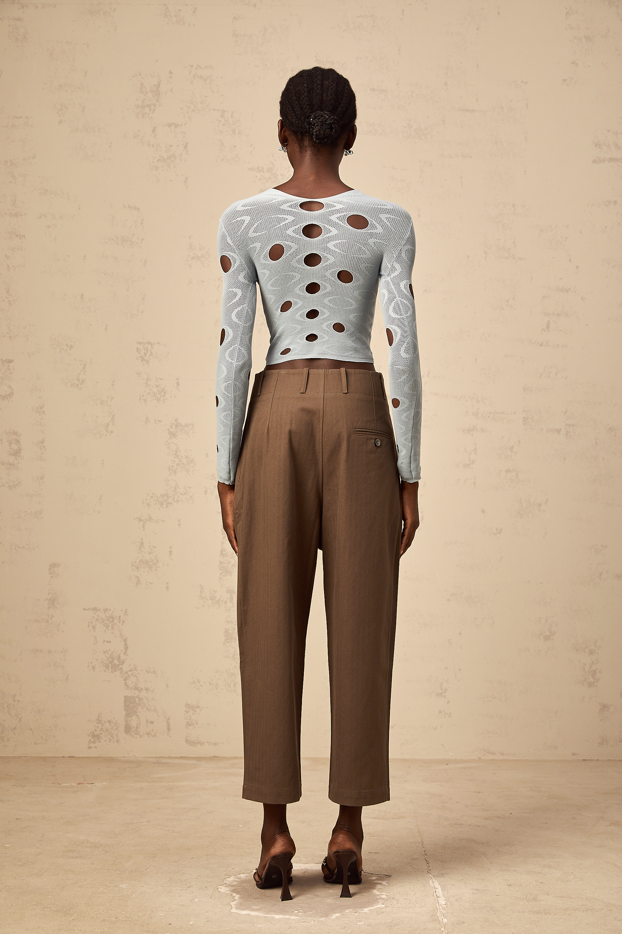Ophélie brown wide-leg shirred cropped trousers