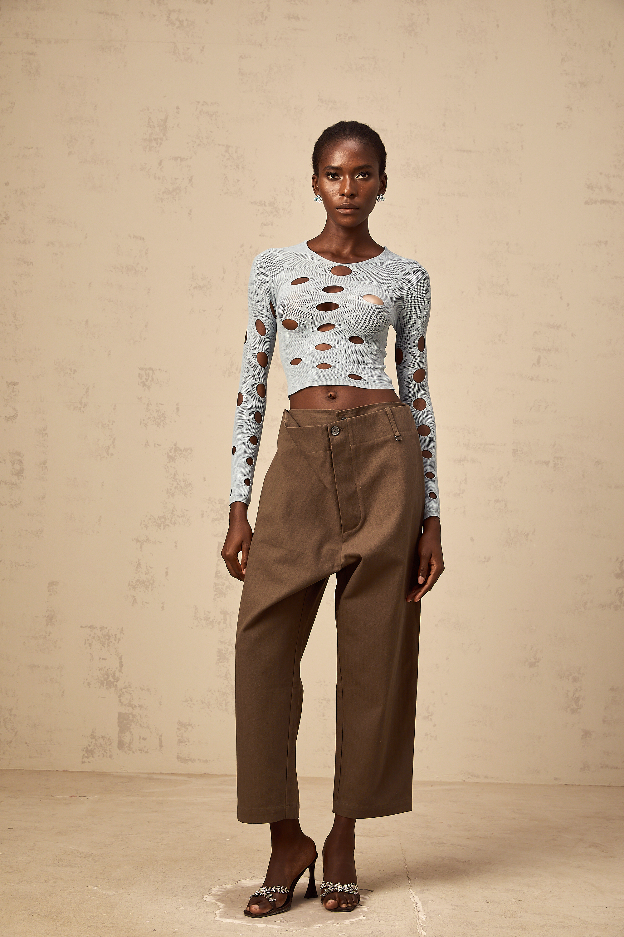 Ophélie brown wide-leg shirred cropped trousers