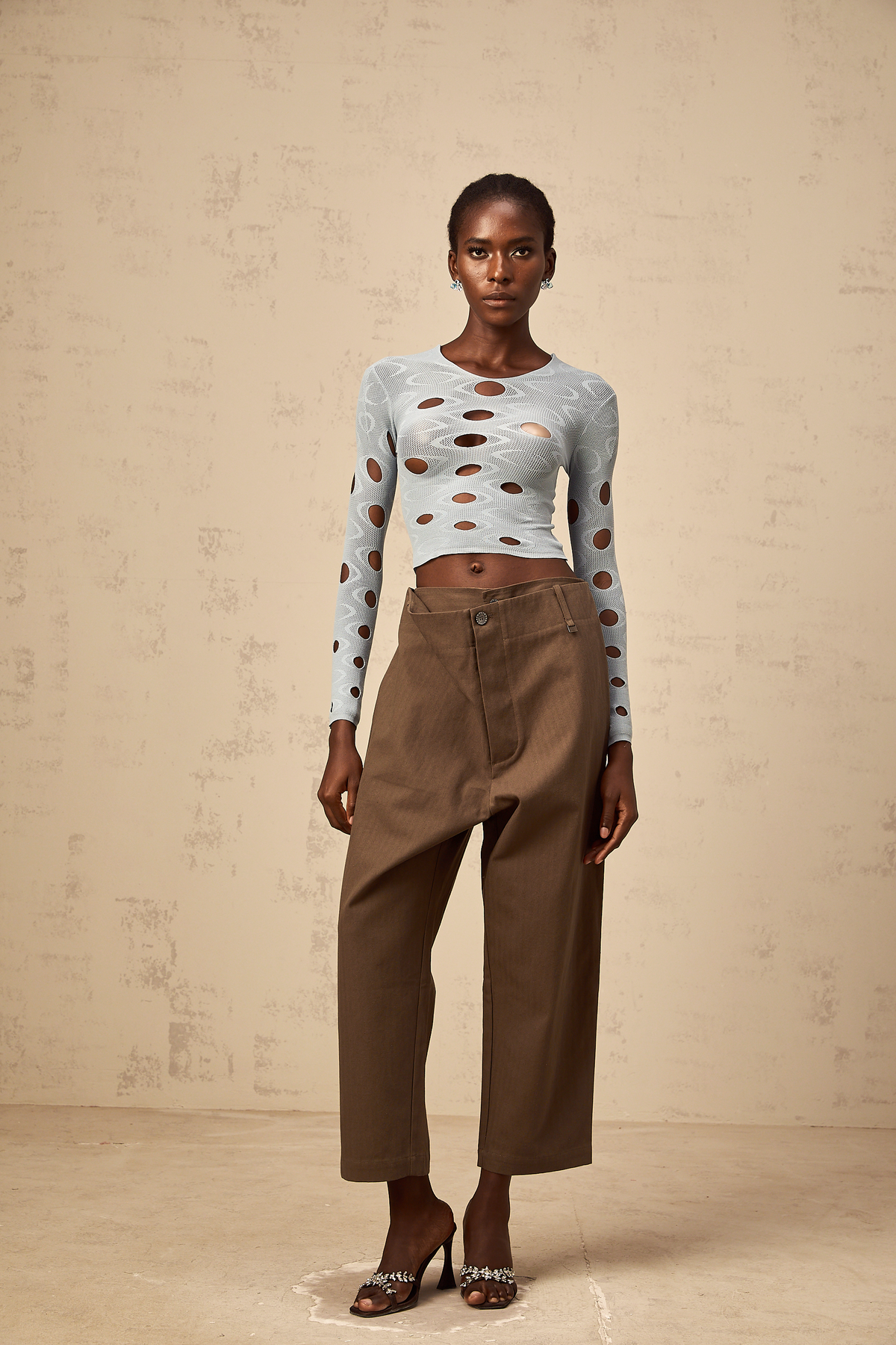 Ophélie brown wide-leg shirred cropped trousers