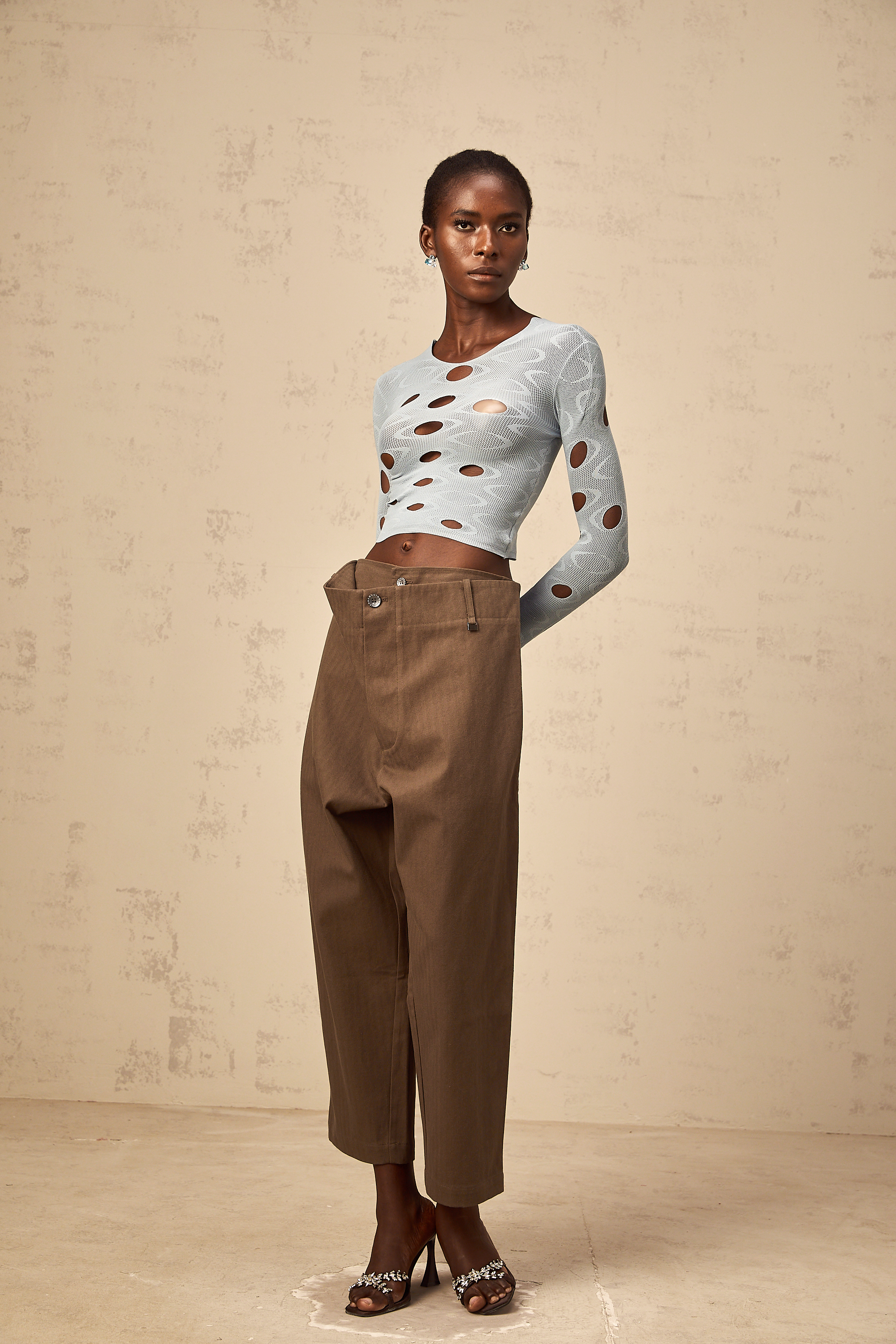 Ophélie brown wide-leg shirred cropped trousers