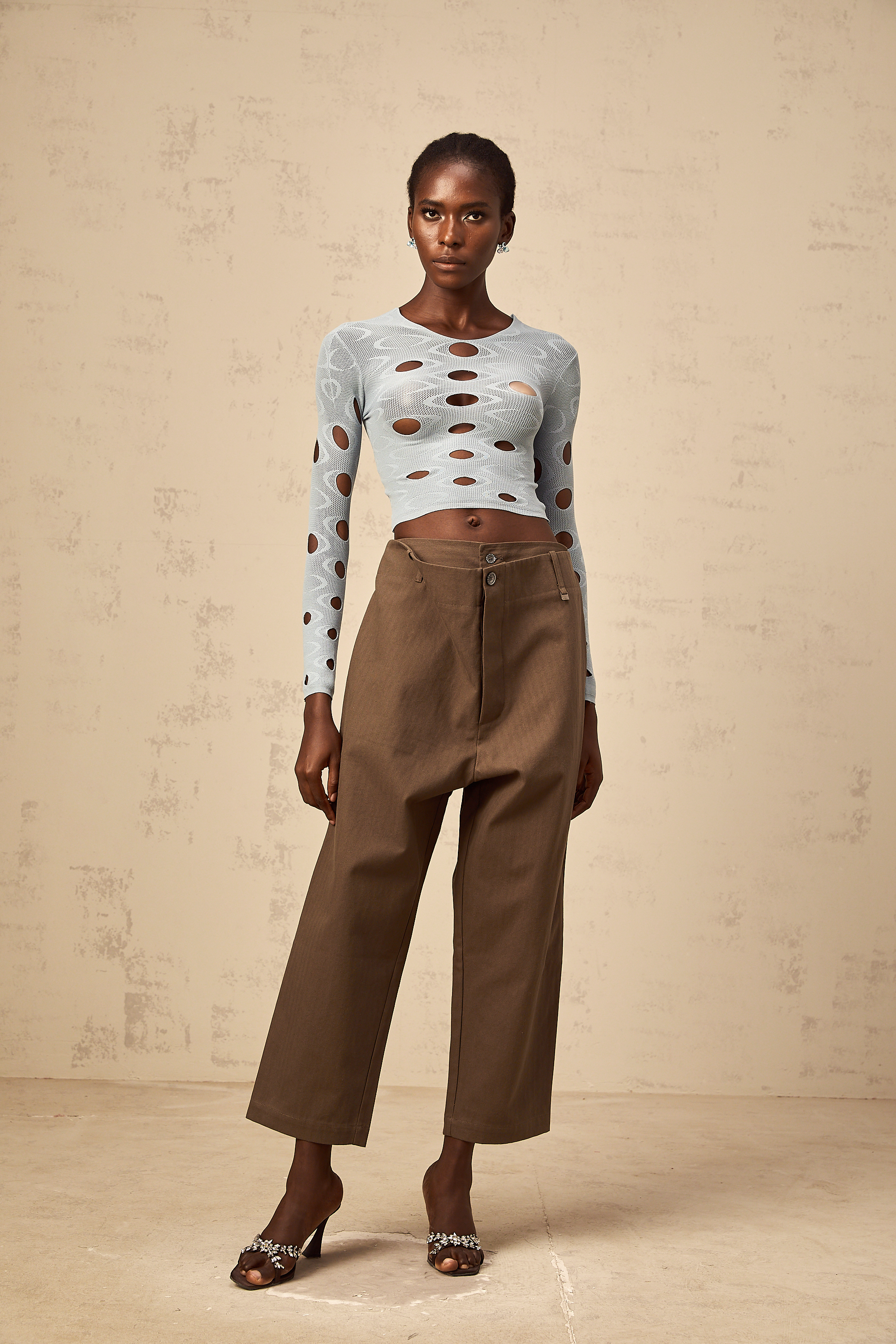Ophélie brown wide-leg shirred cropped trousers