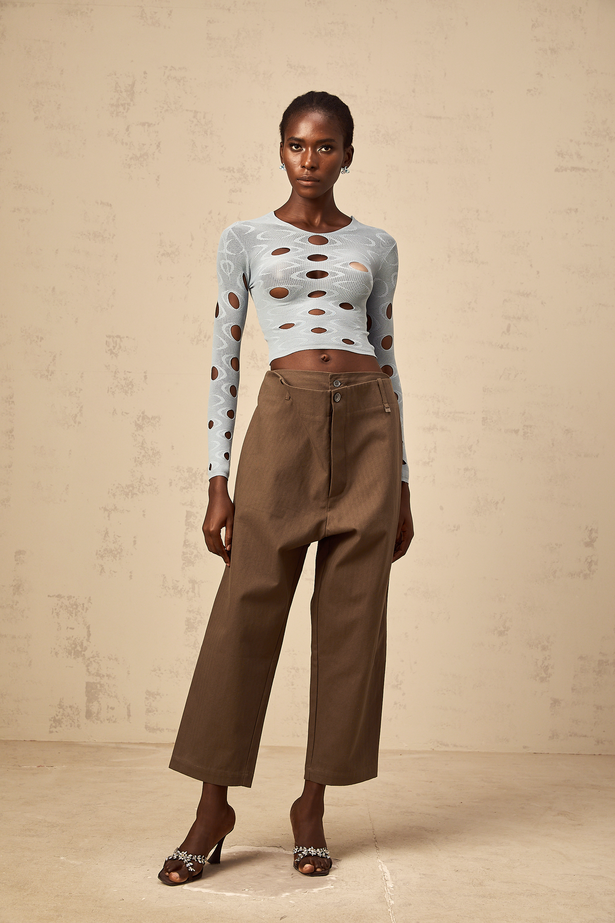 Ophélie brown wide-leg shirred cropped trousers