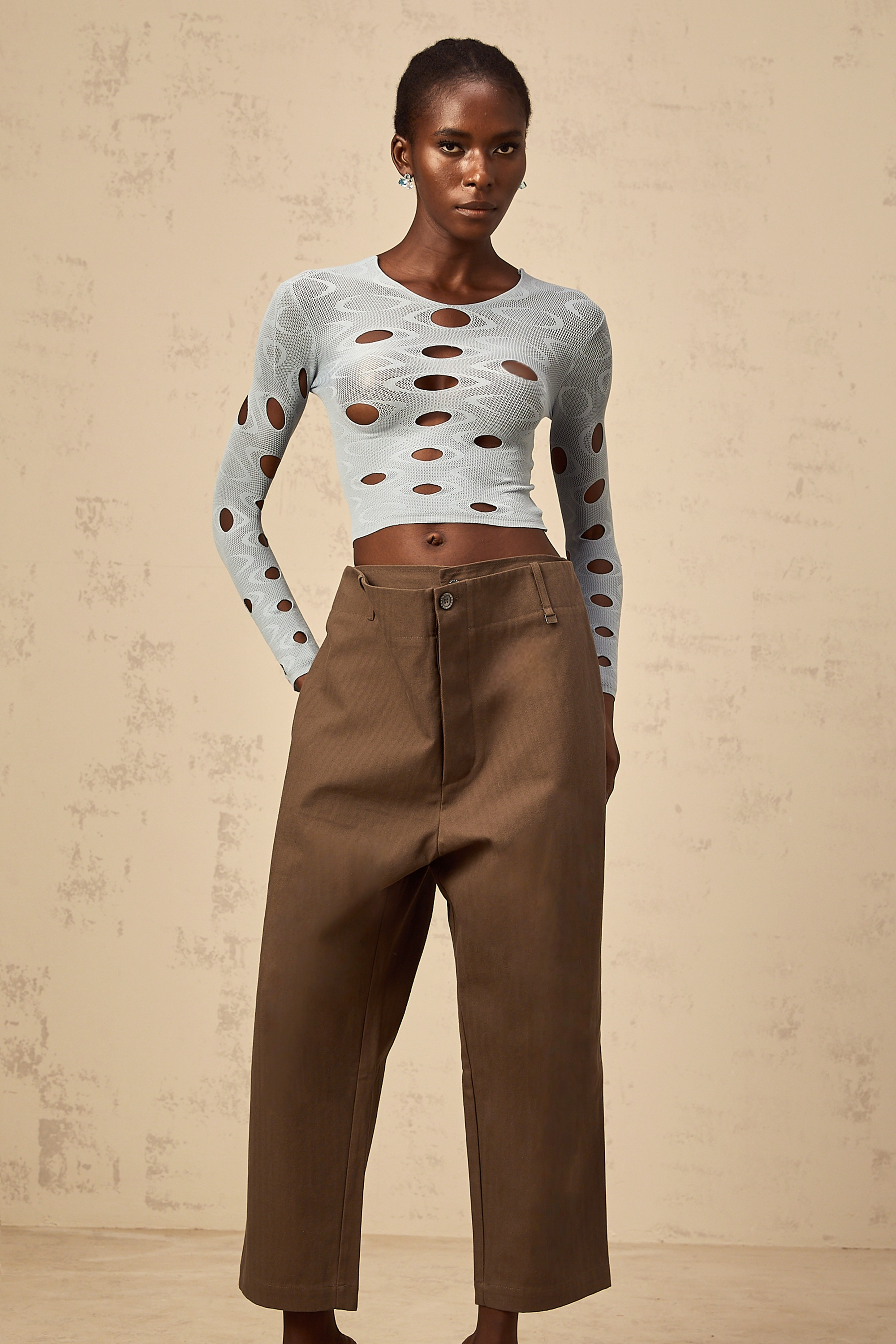 Ophélie brown wide-leg shirred cropped trousers