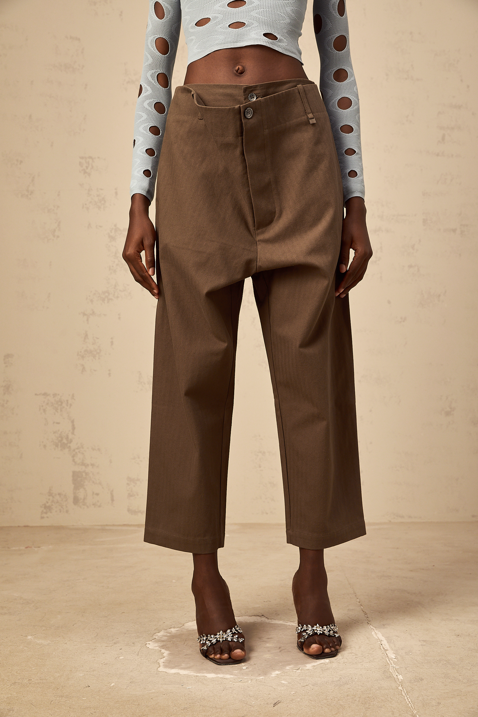 Ophélie brown wide-leg shirred cropped trousers