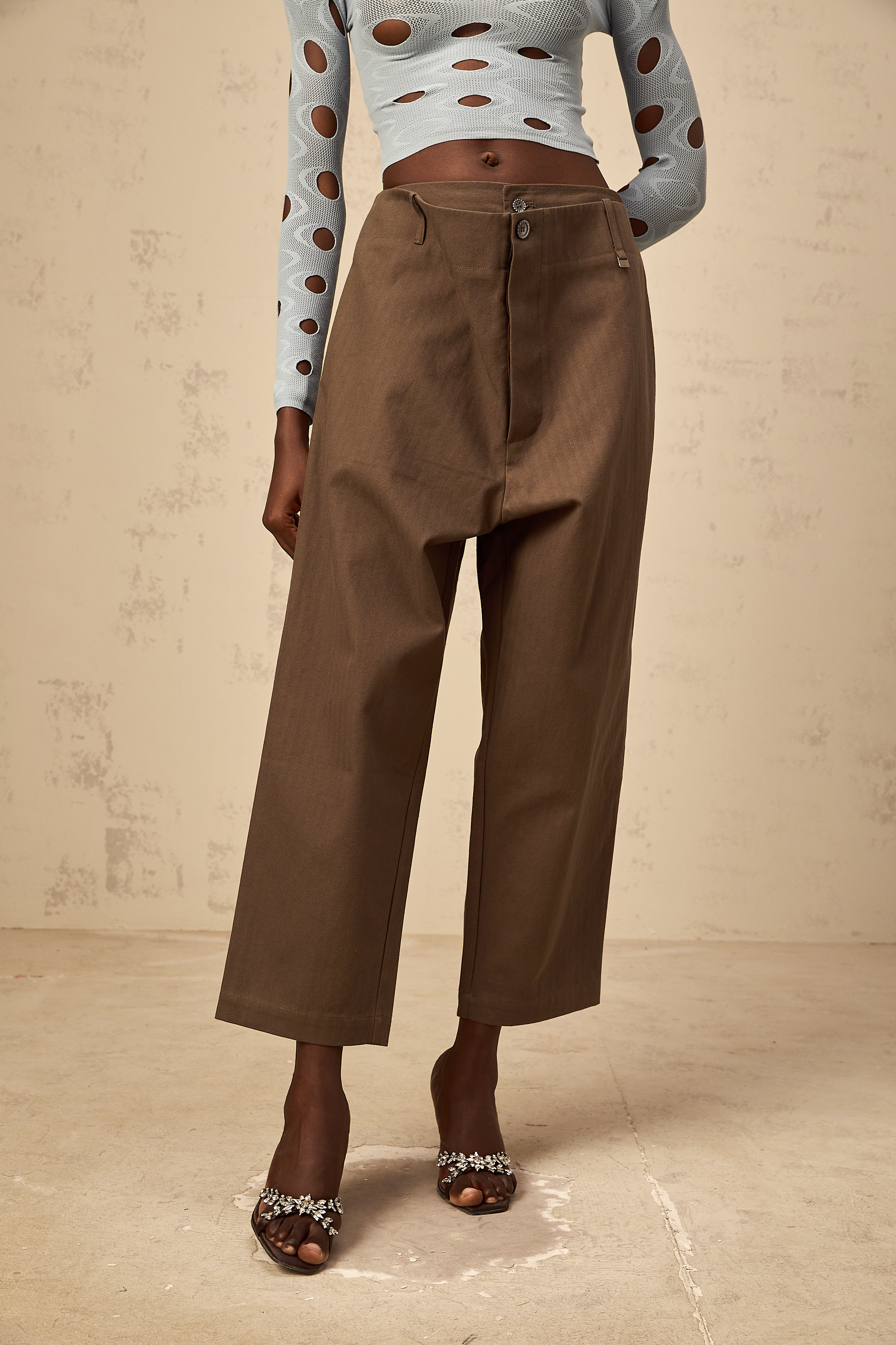 Ophélie brown wide-leg shirred cropped trousers