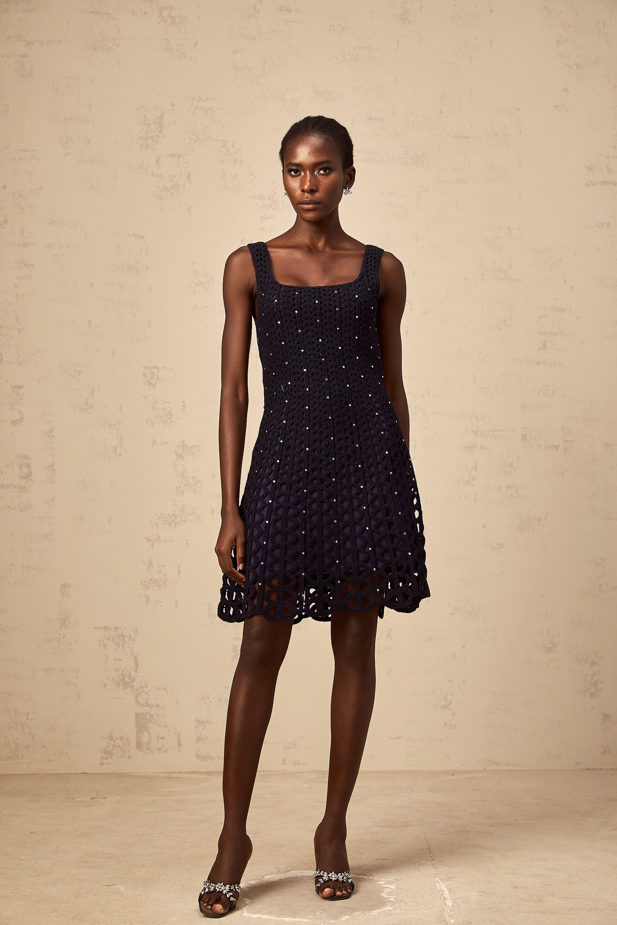 Edelie dark-blue embellished cut-out crochet-knit mini dress