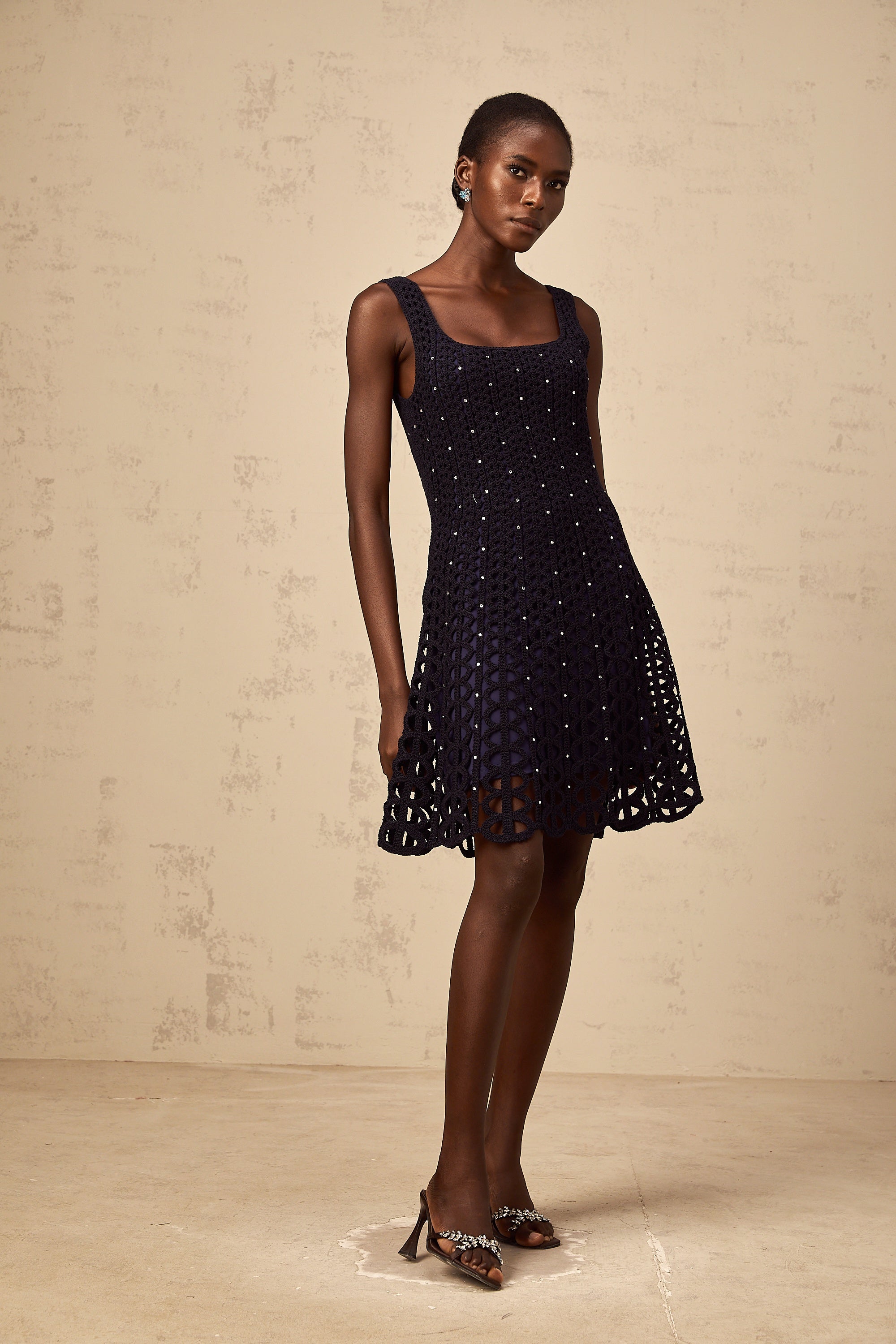 Edelie dark-blue embellished cut-out crochet-knit mini dress