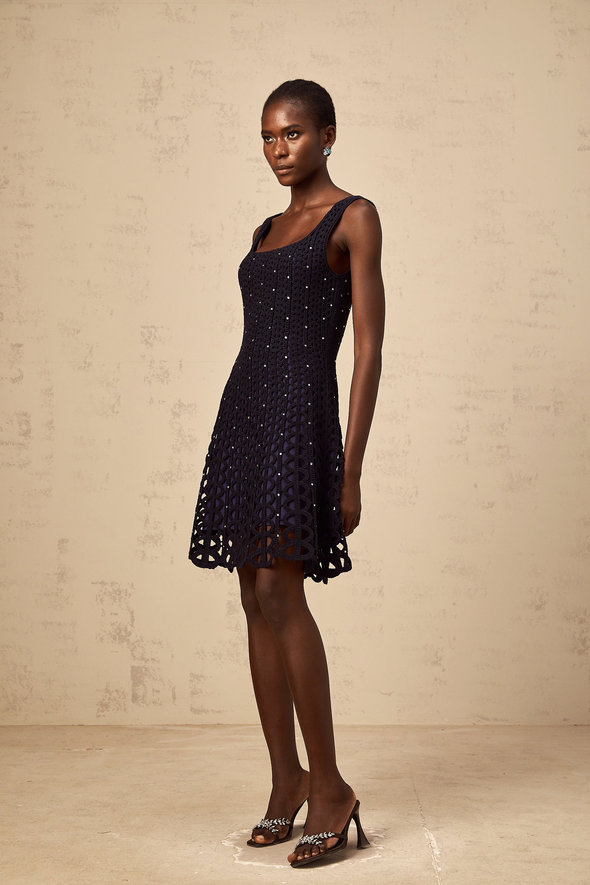 Edelie dark-blue embellished cut-out crochet-knit mini dress
