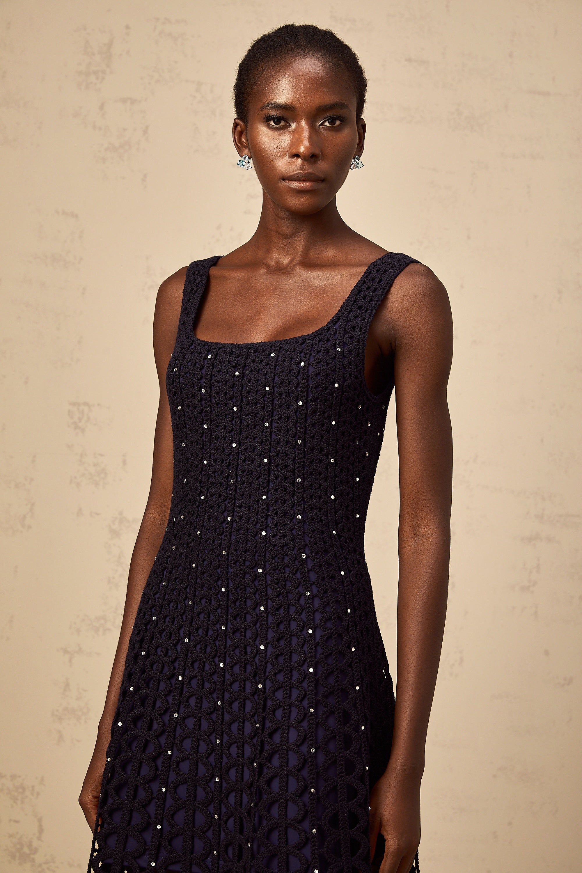 Edelie dark-blue embellished cut-out crochet-knit mini dress