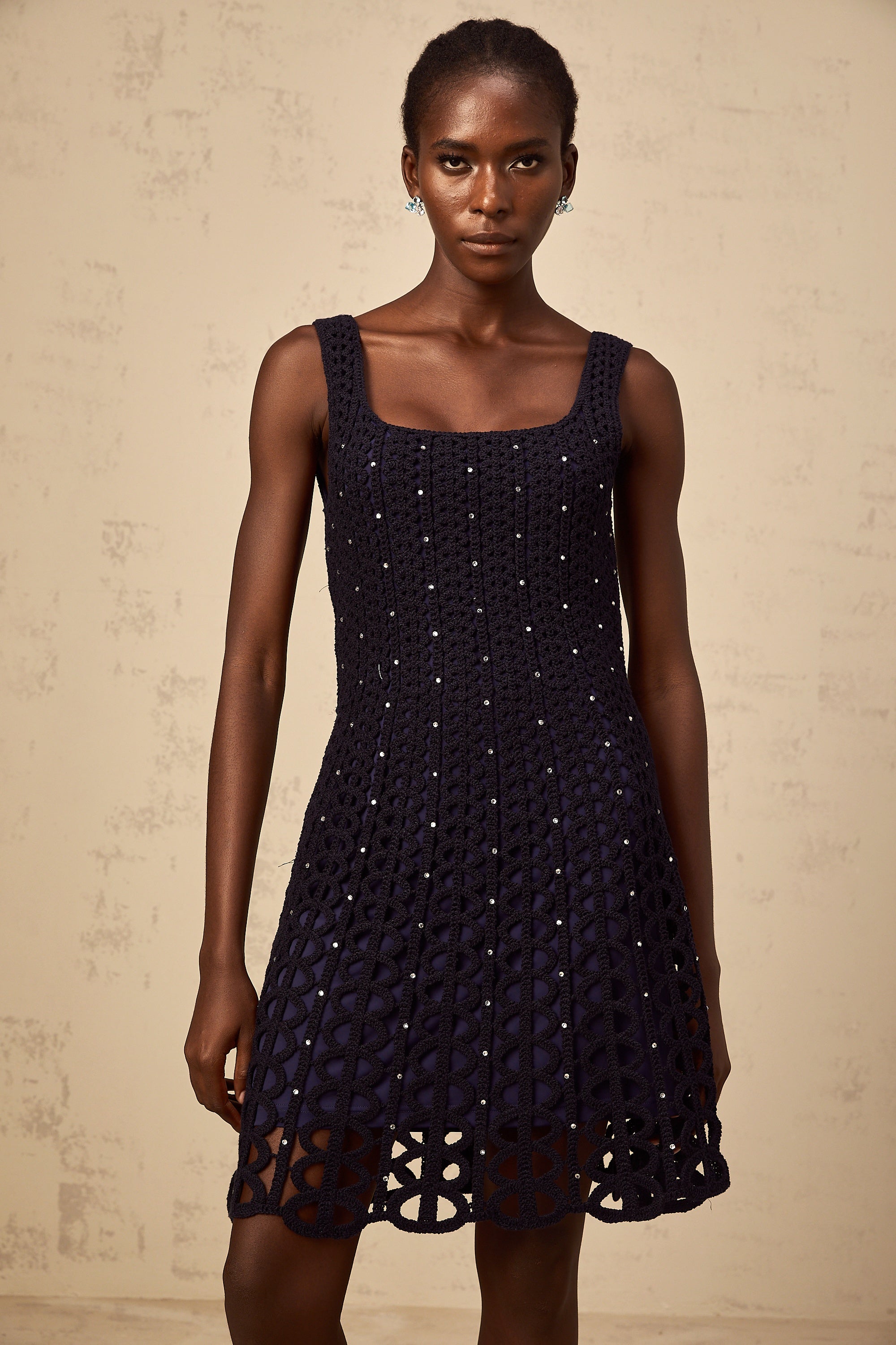 Edelie dark-blue embellished cut-out crochet-knit mini dress
