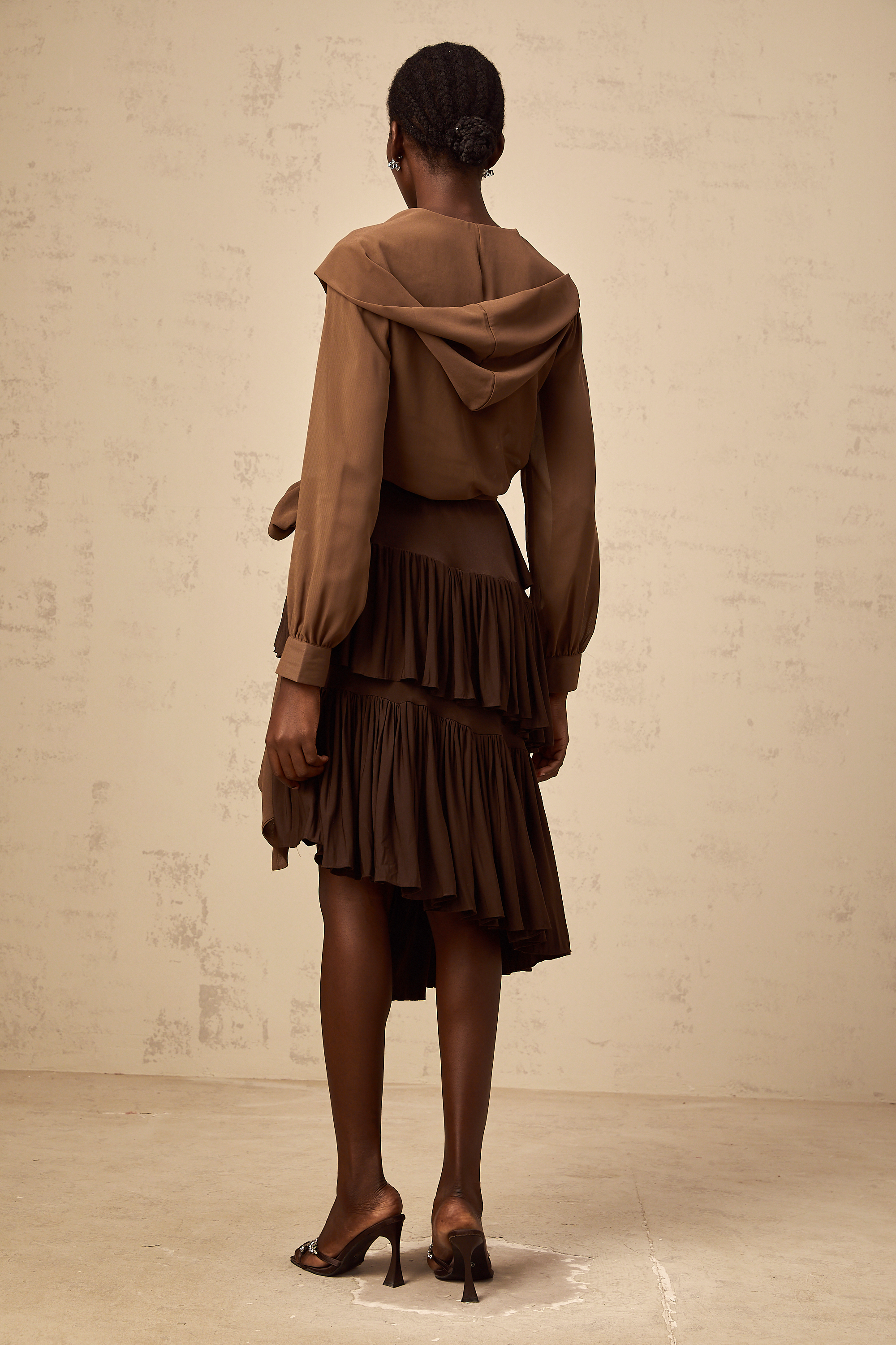 Astrid brown asymmetrical pleated tiered mini skirt