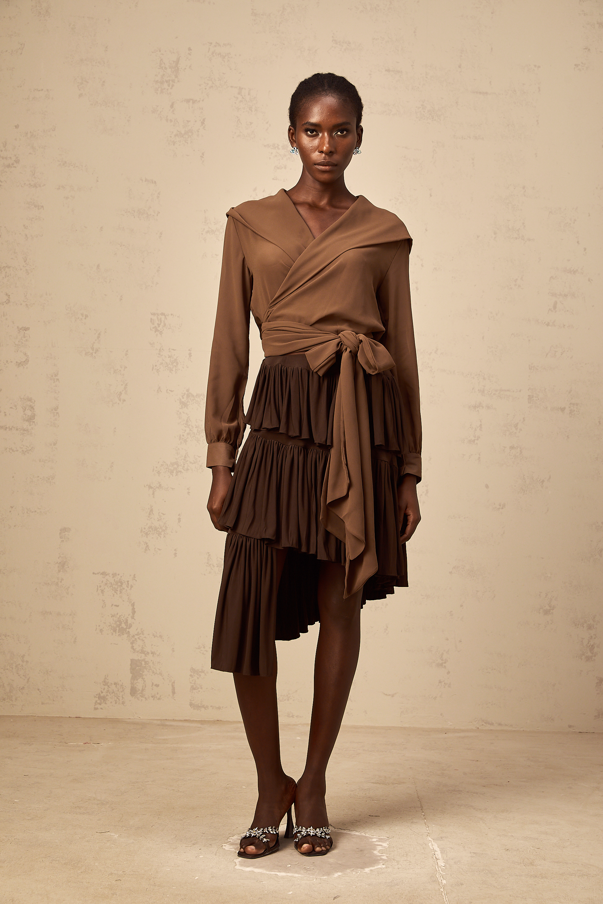 Amandine brown semi-sheer hooded wrap top