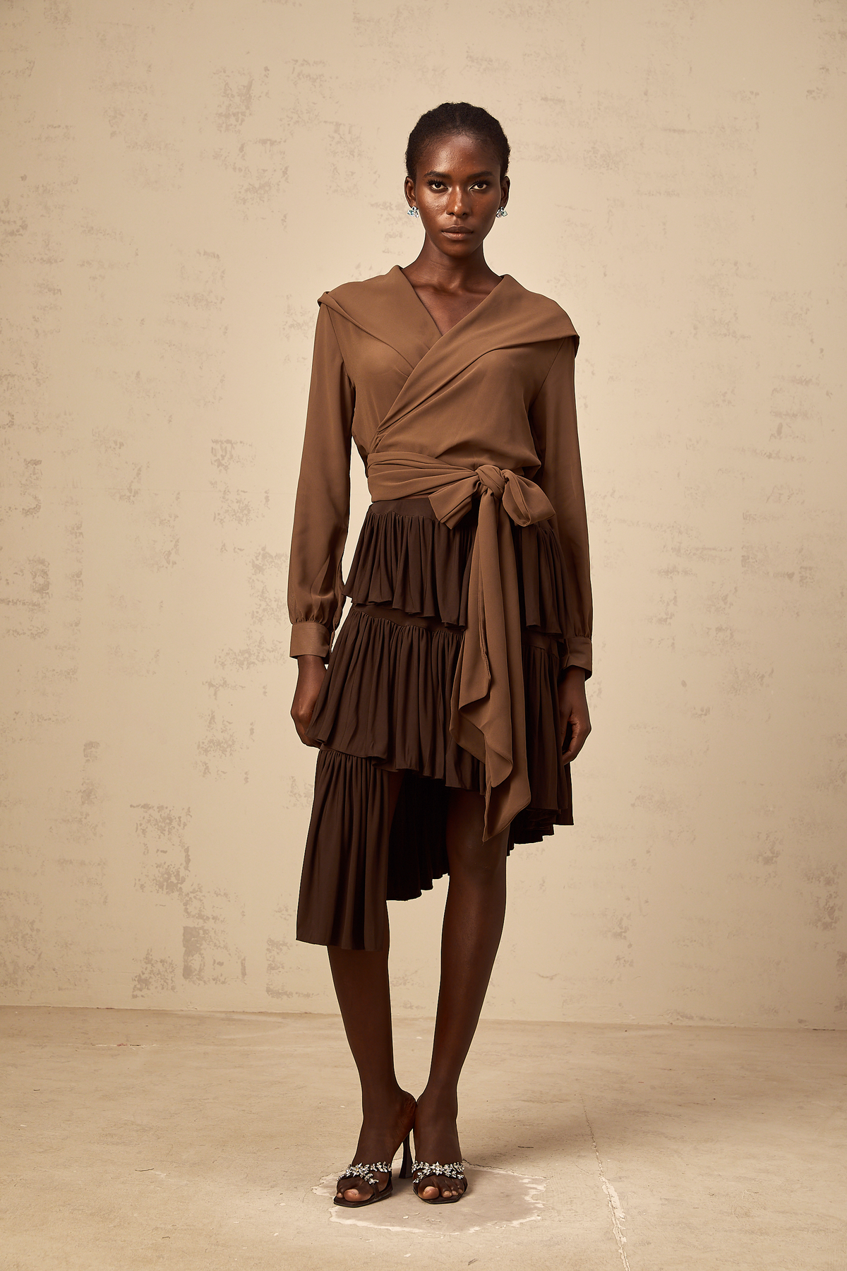 Amandine brown semi-sheer hooded wrap top