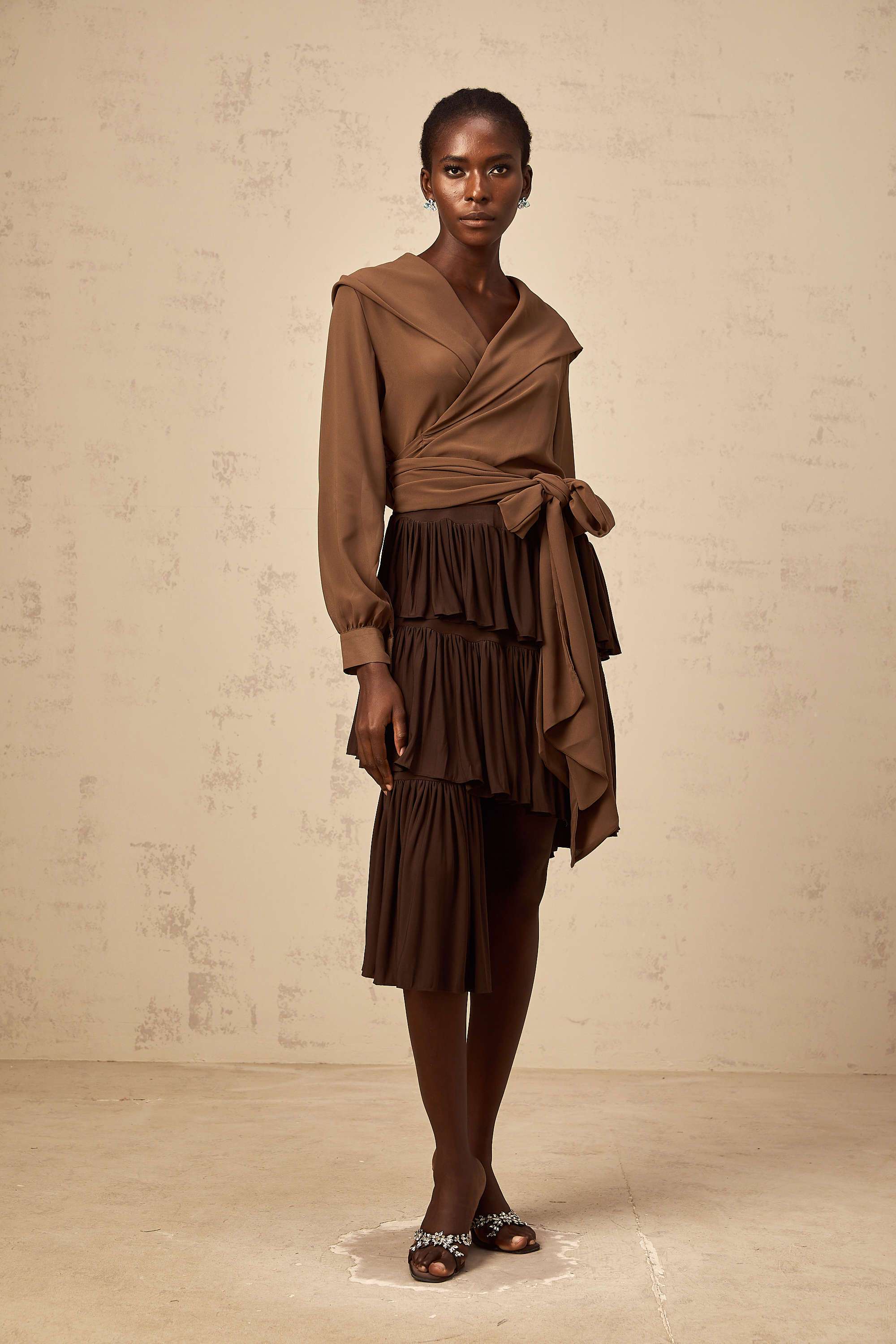 Astrid brown asymmetrical pleated tiered mini skirt