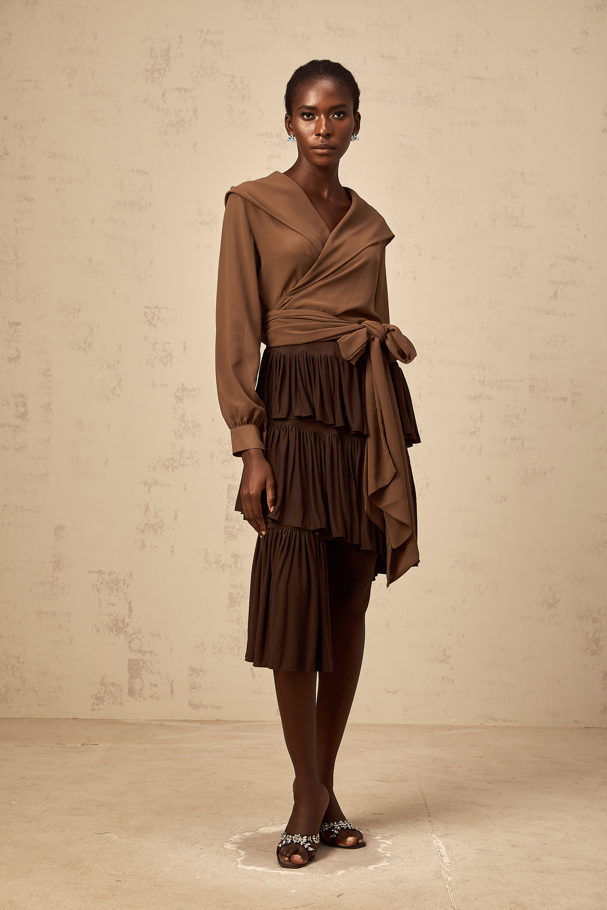 Astrid brown asymmetrical pleated tiered mini skirt