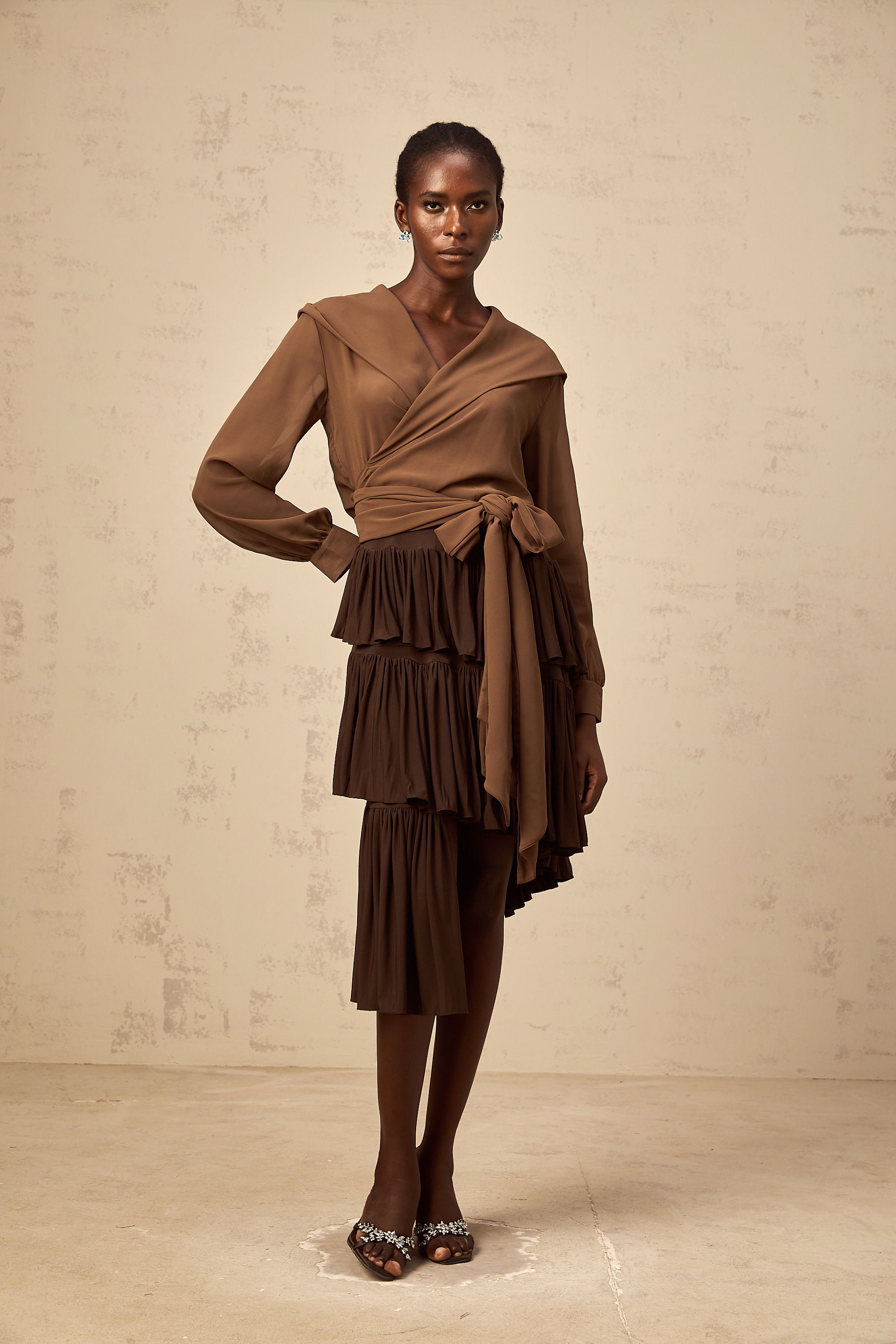 Astrid brown asymmetrical pleated tiered mini skirt