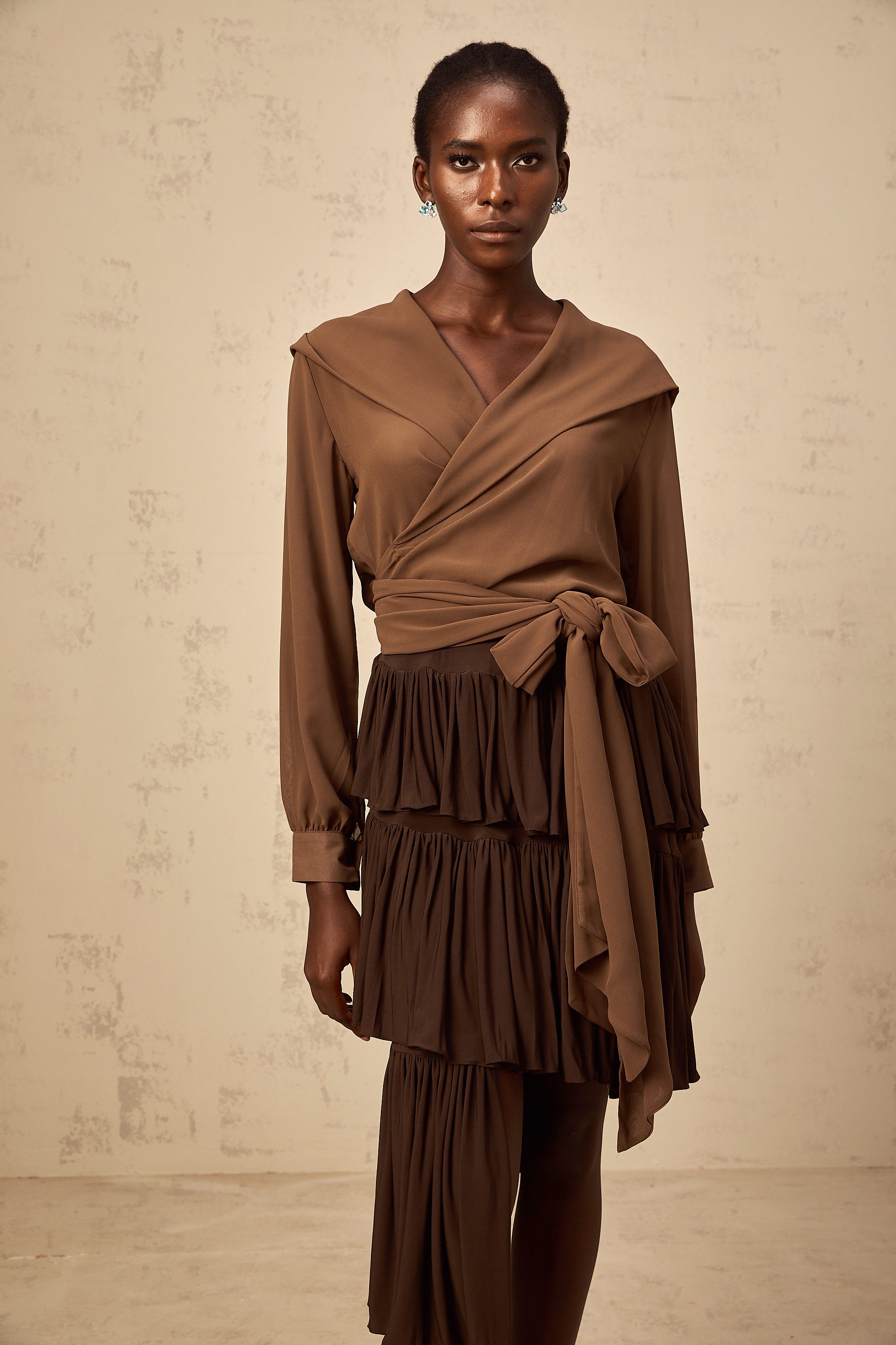 Amandine brown semi-sheer hooded wrap top