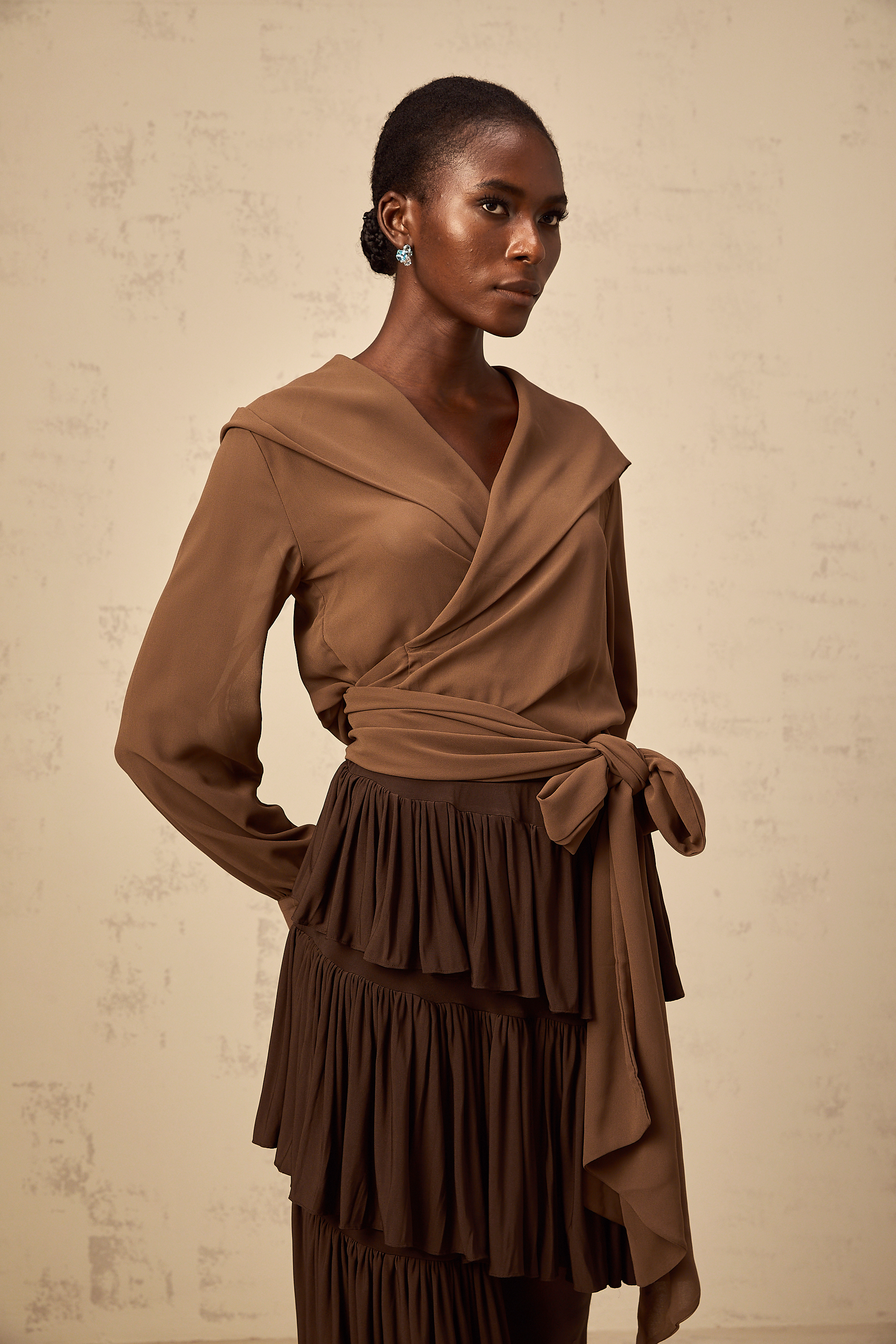 Amandine brown semi-sheer hooded wrap top