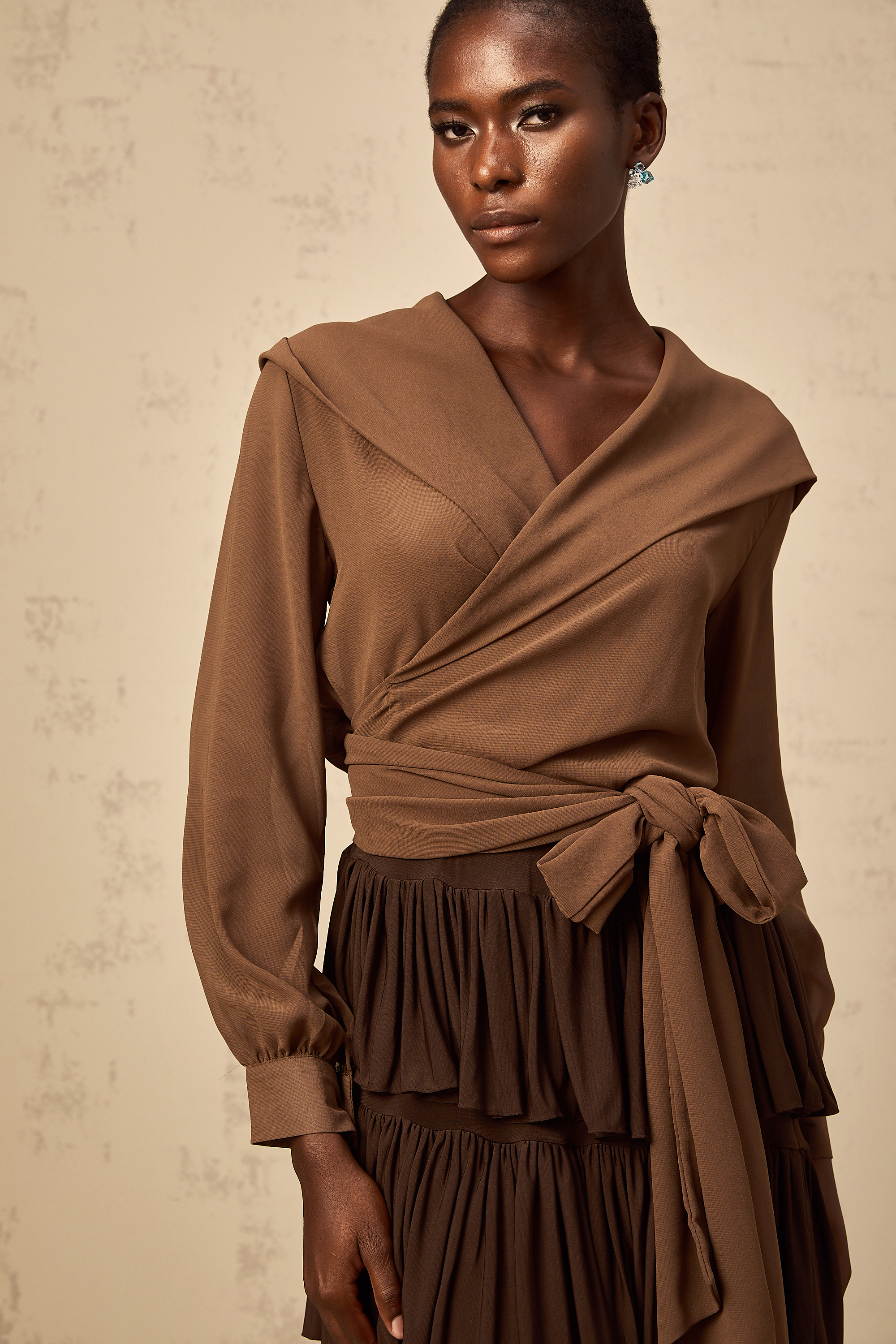 Amandine brown semi-sheer hooded wrap top