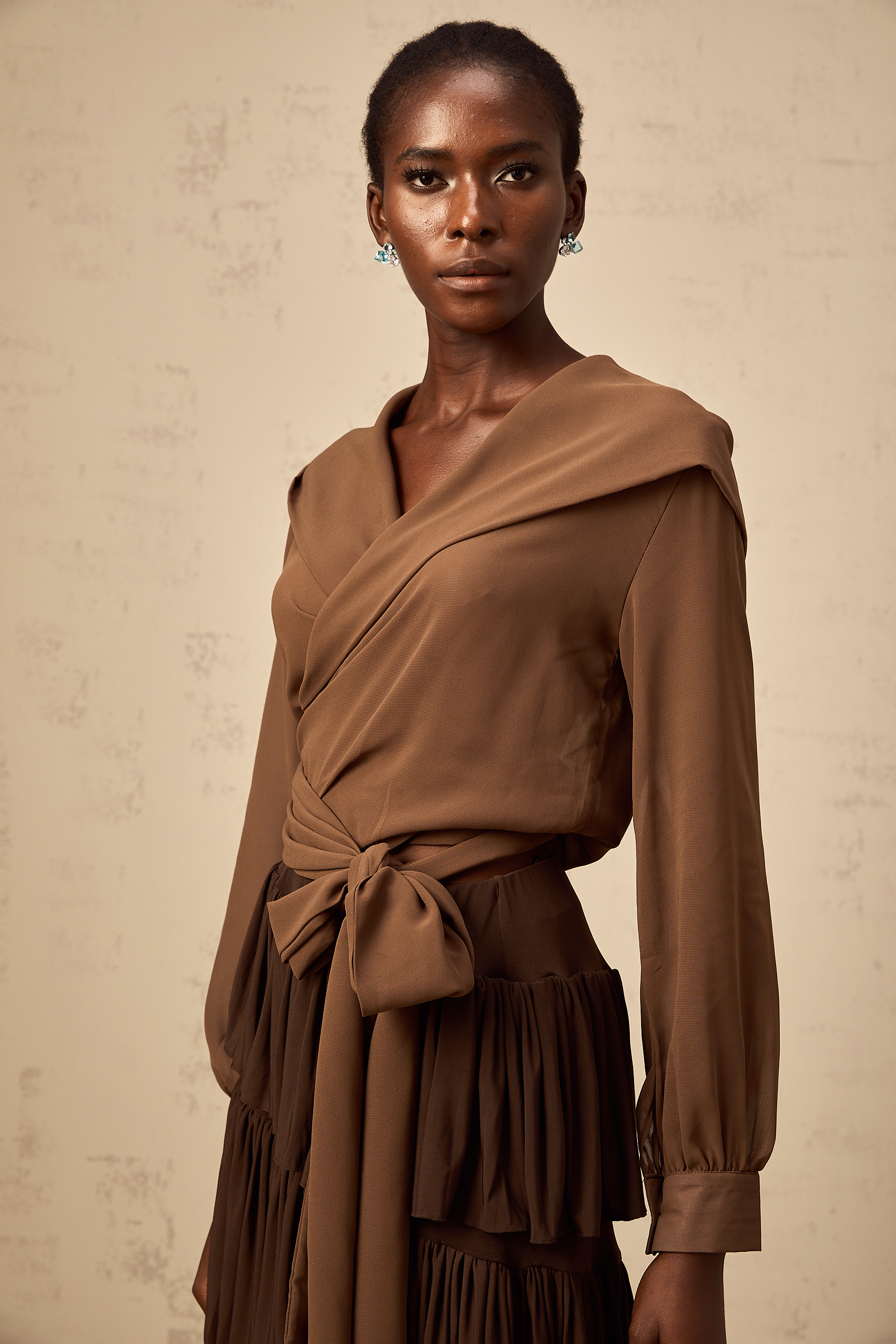 Amandine brown semi-sheer hooded wrap top