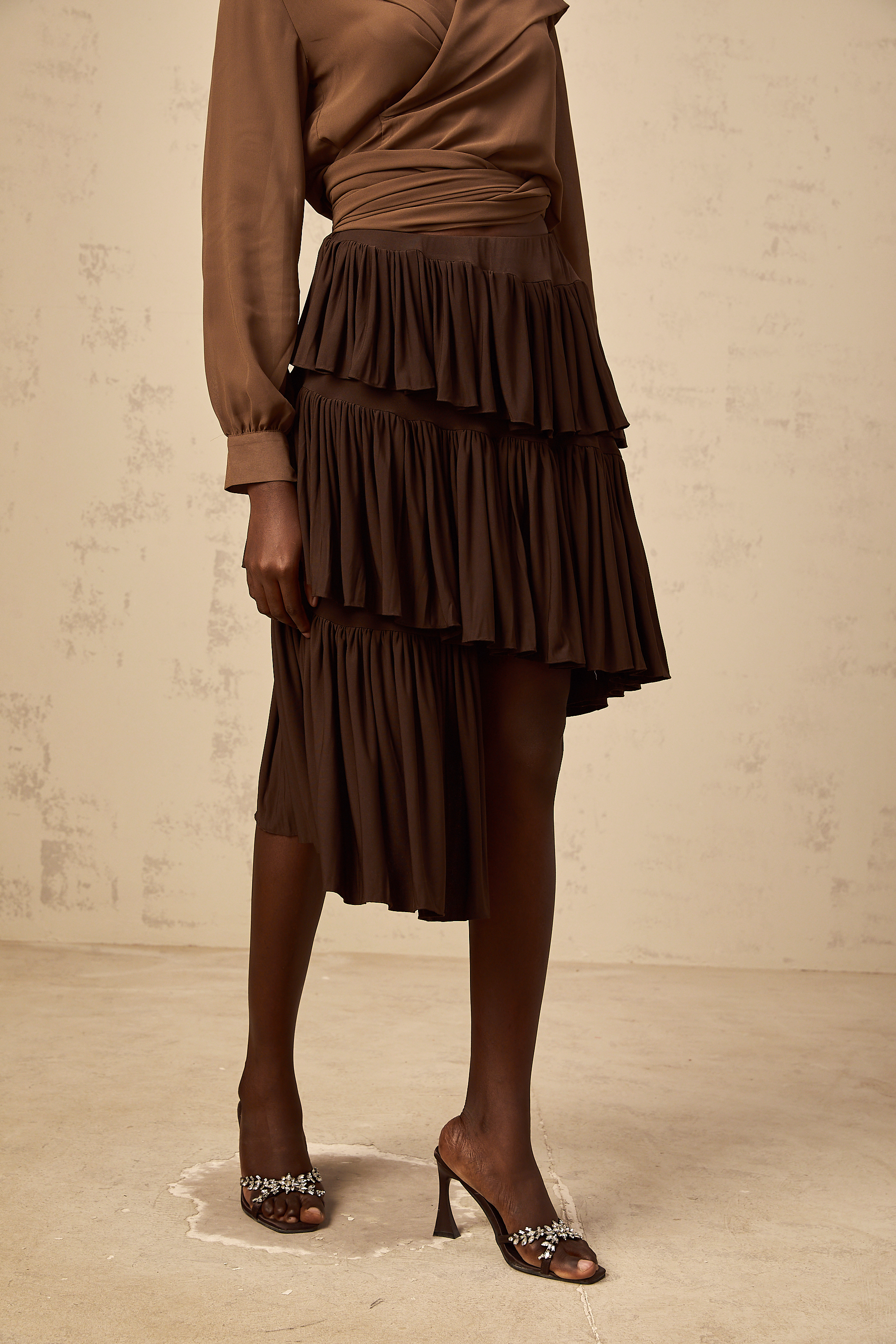 Astrid brown asymmetrical pleated tiered mini skirt