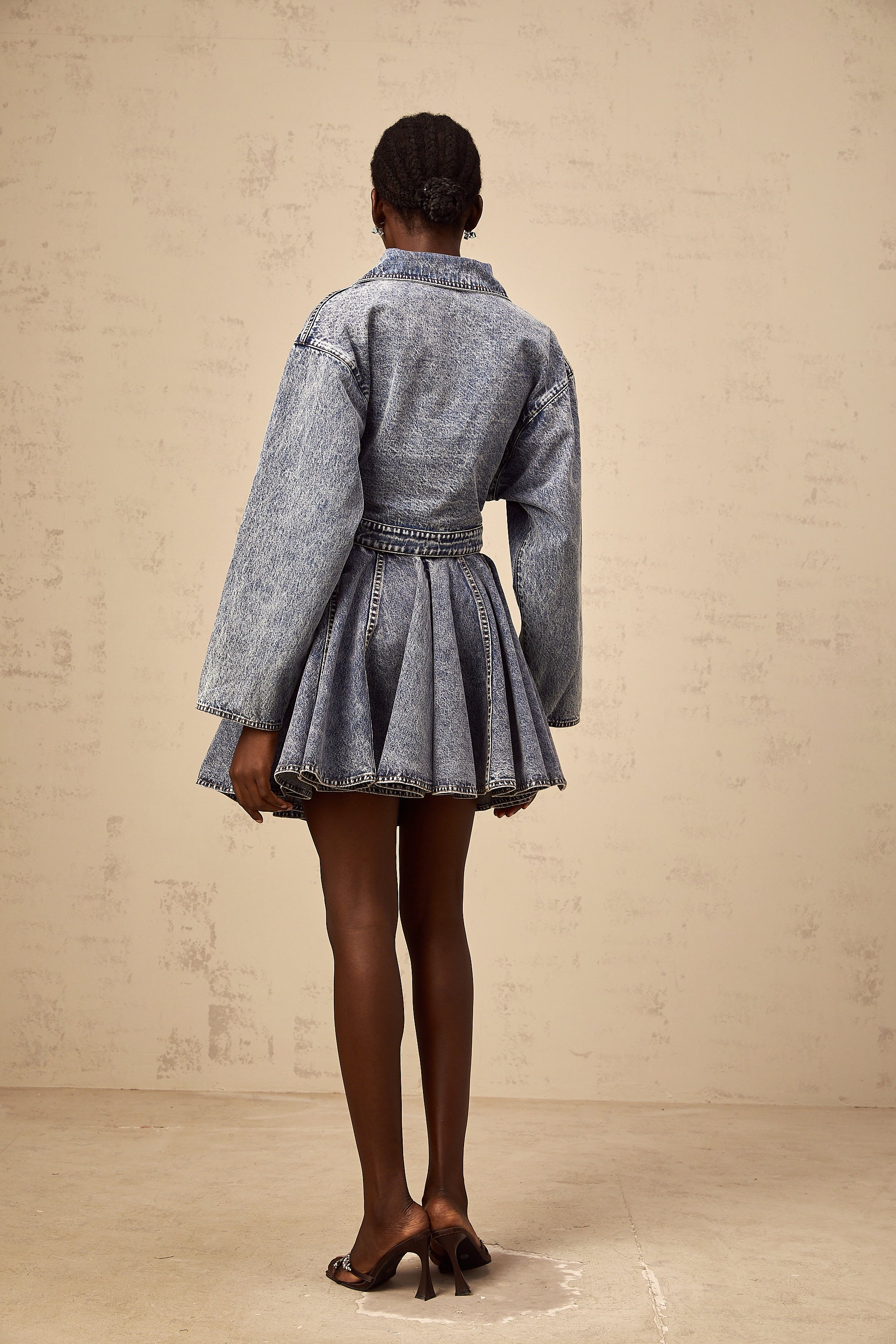 Doriane blue shirred denim mini skirt