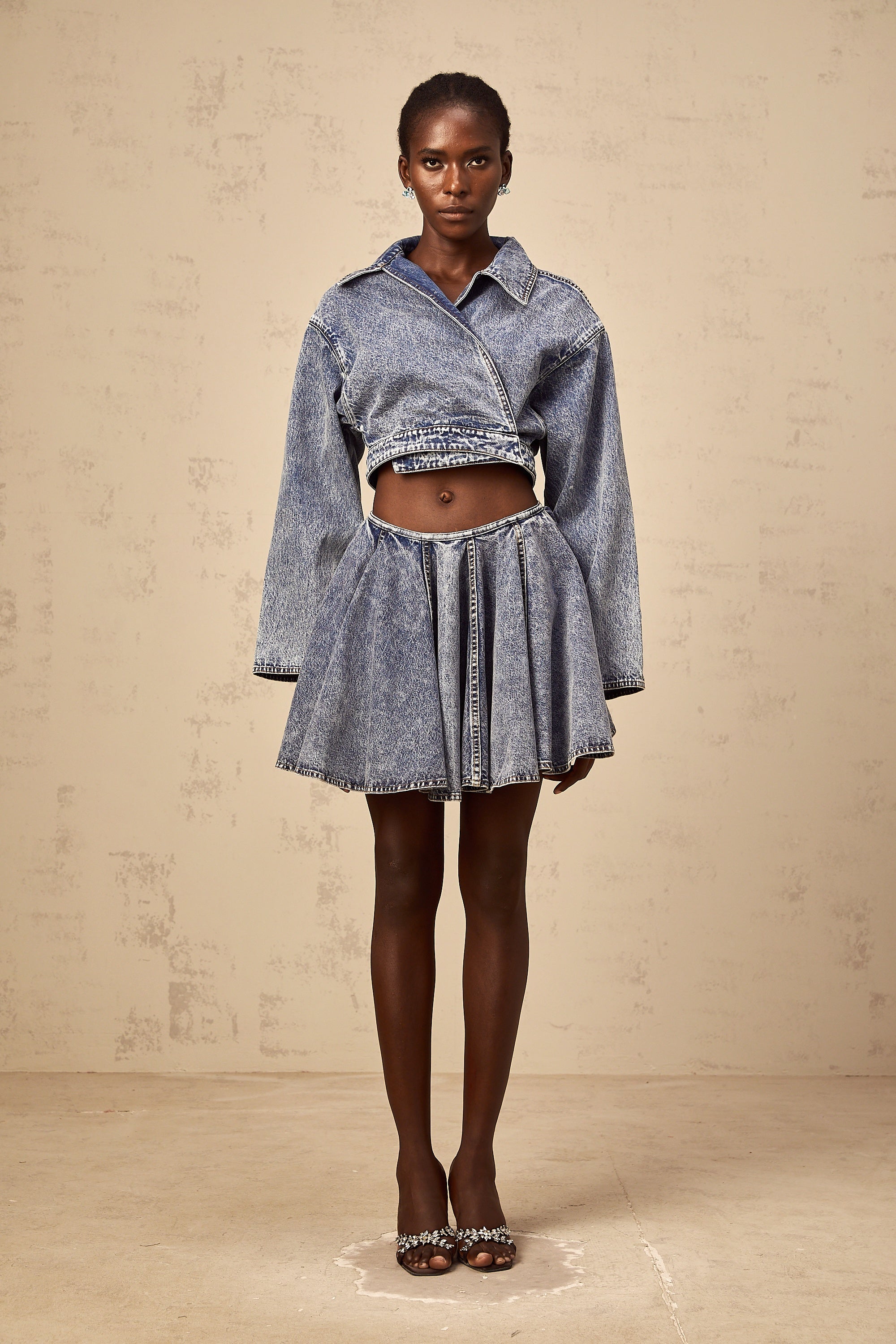 Doriane blue shirred denim mini skirt