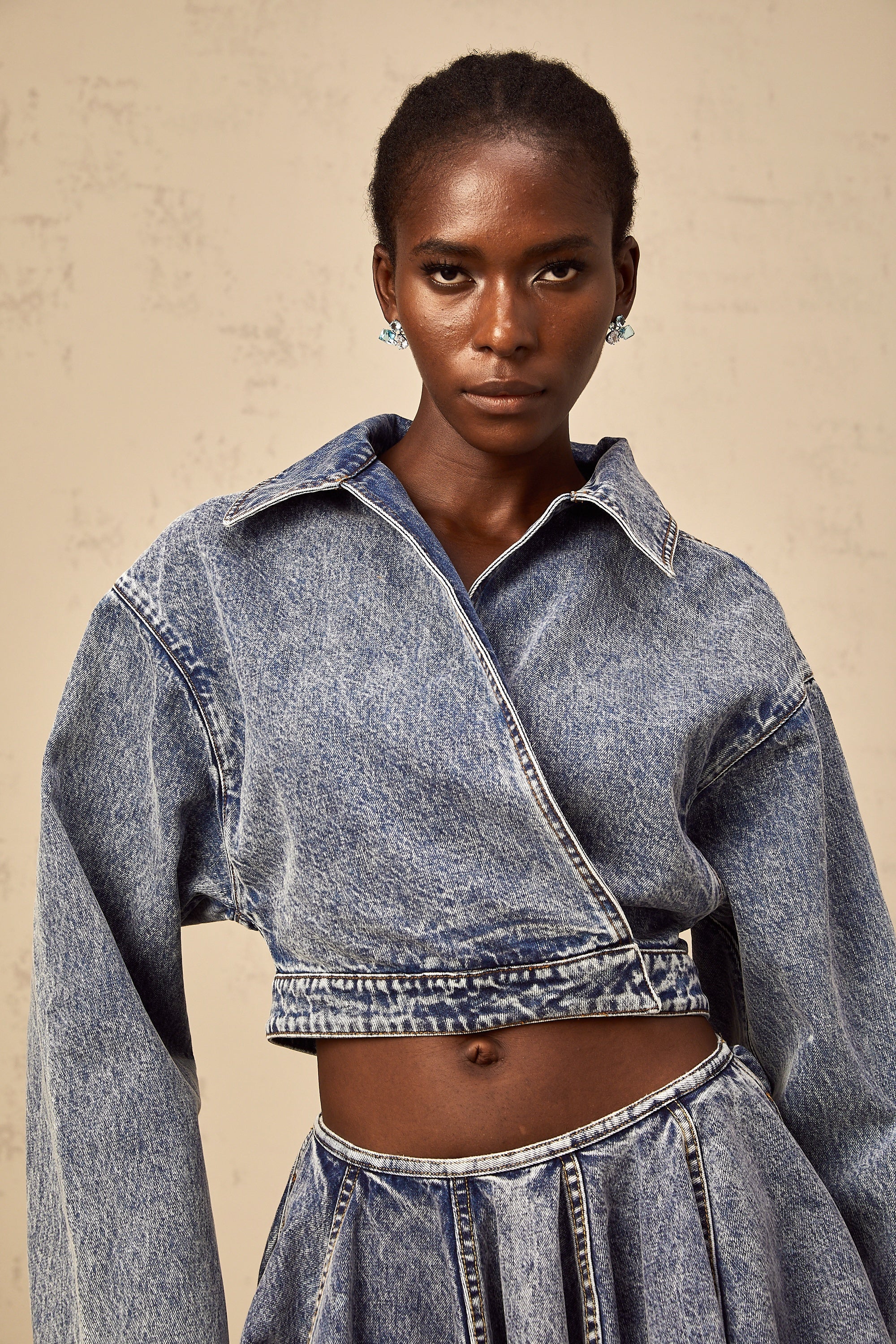 Doriane blue asymmetrical cropped denim jacket