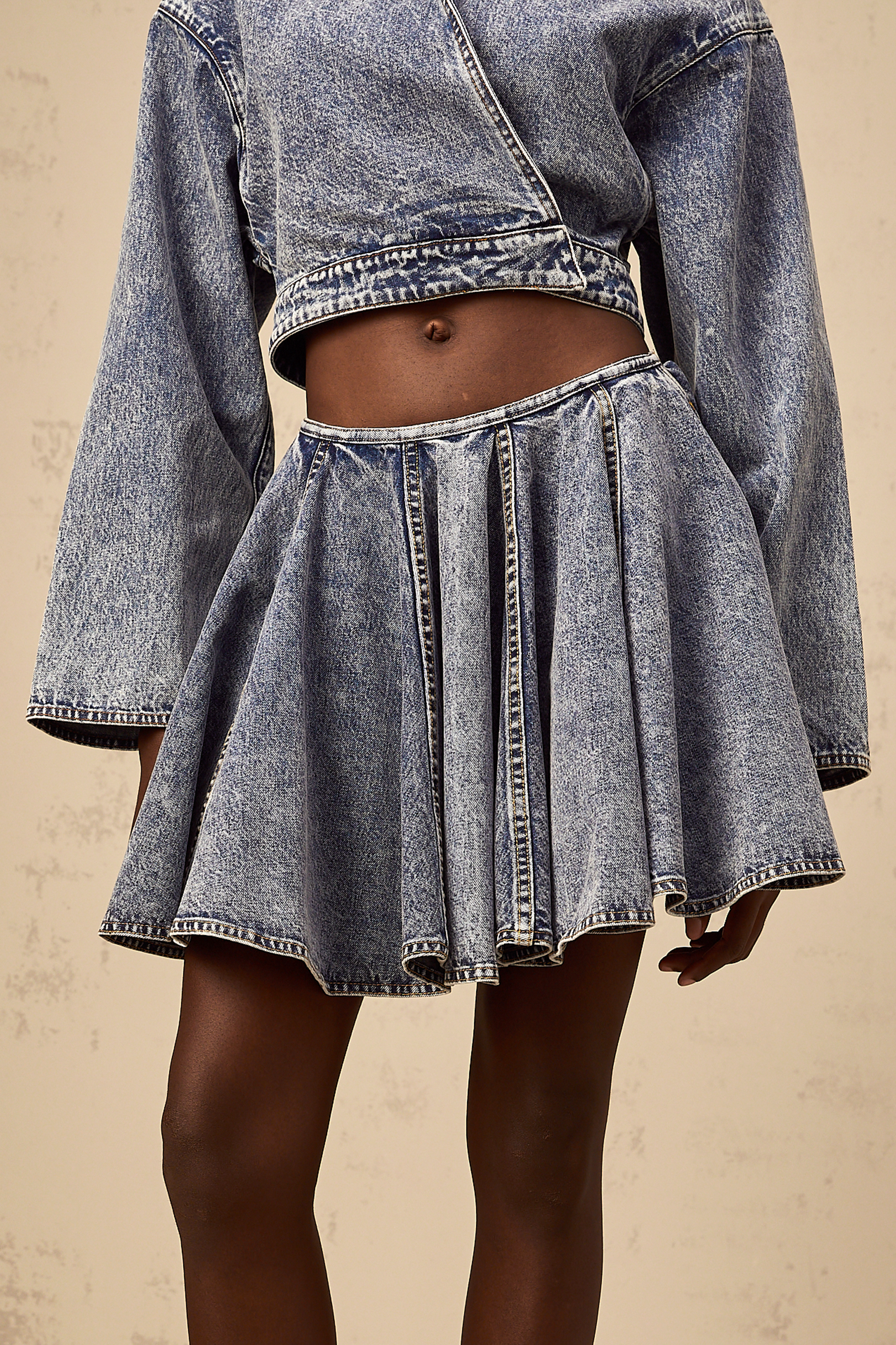 Doriane blue shirred denim mini skirt