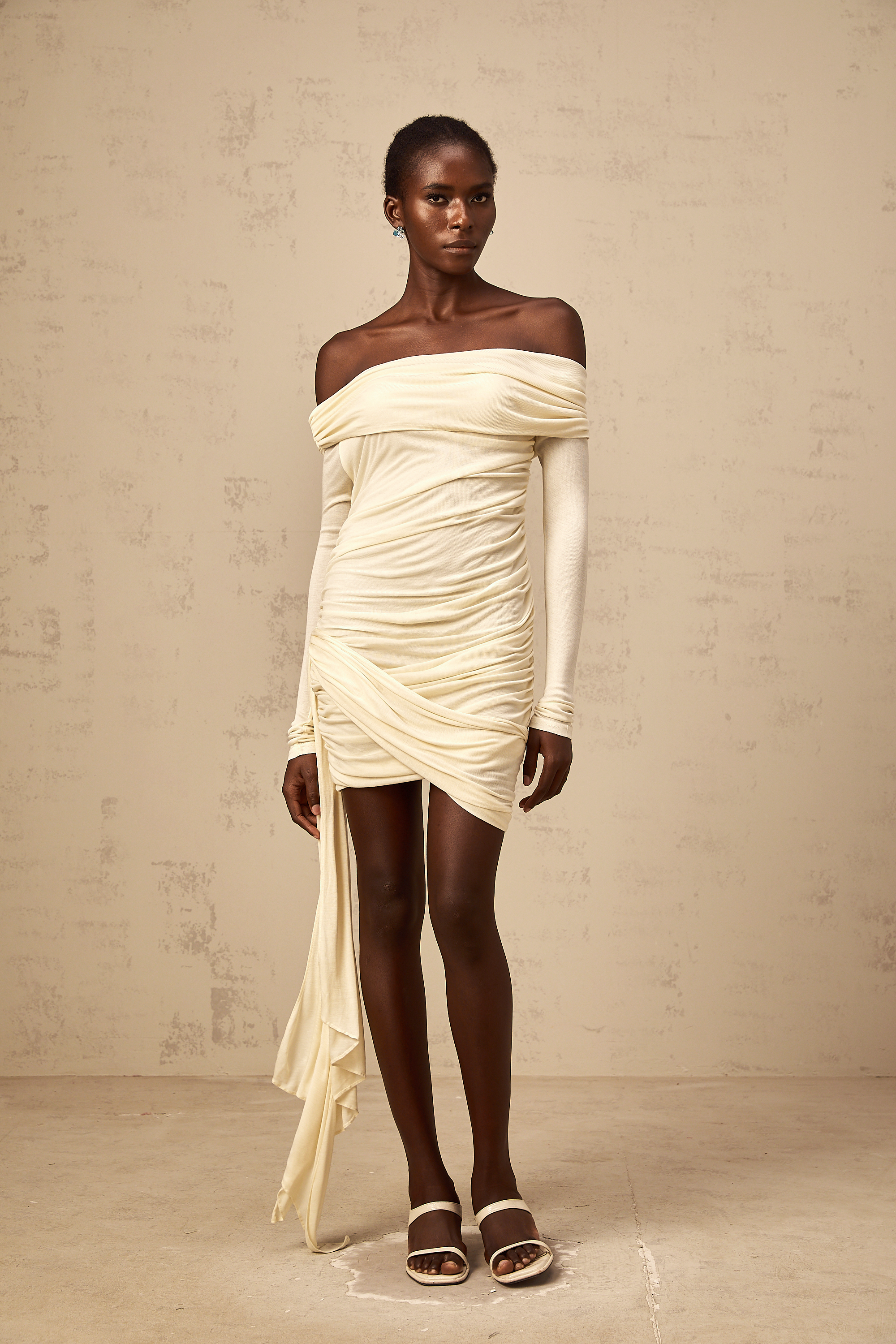 Margaux cream-white ribbon-design ruched mini dress (Final Sale)