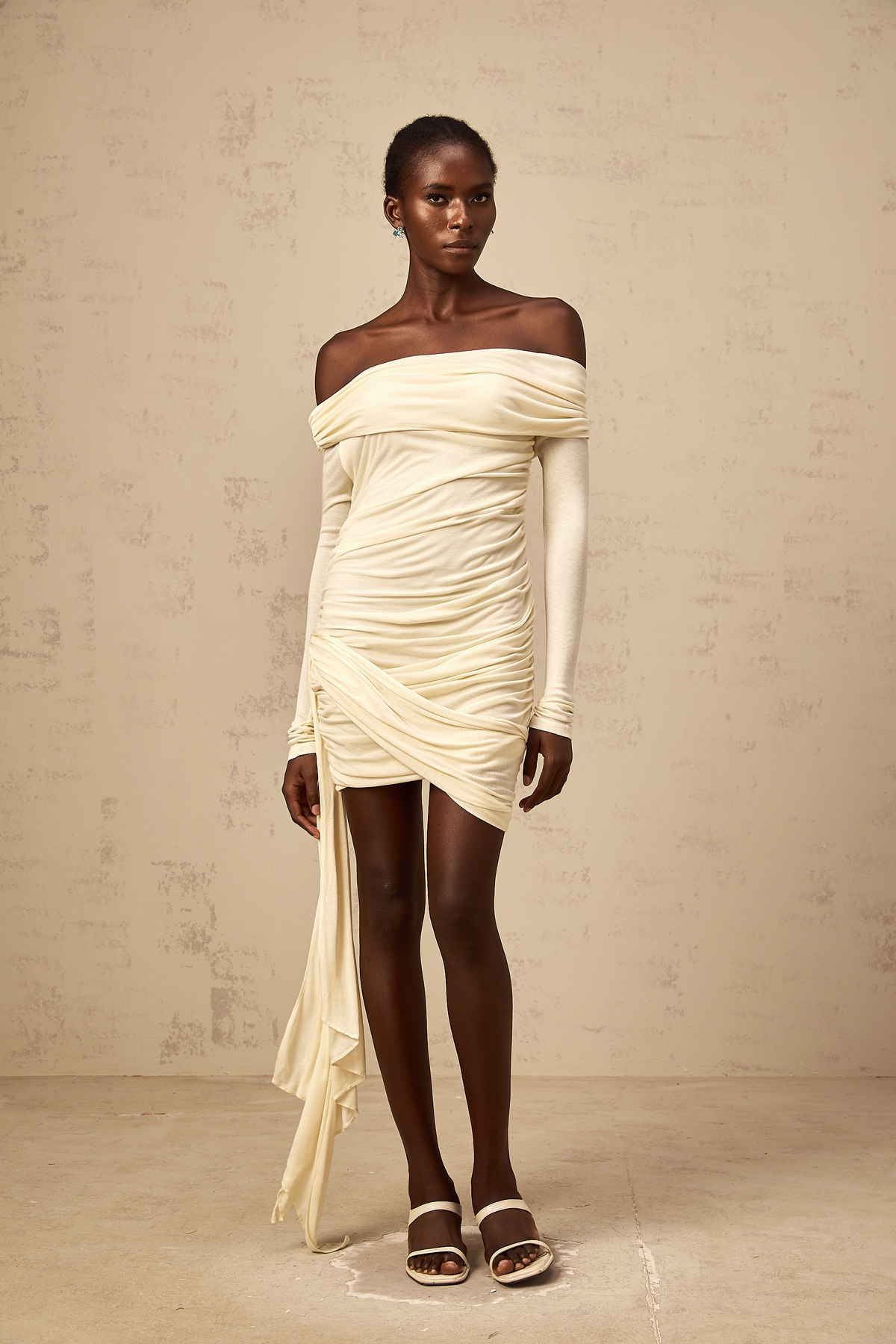 Margaux cream-white ribbon-design ruched mini dress (Final Sale)