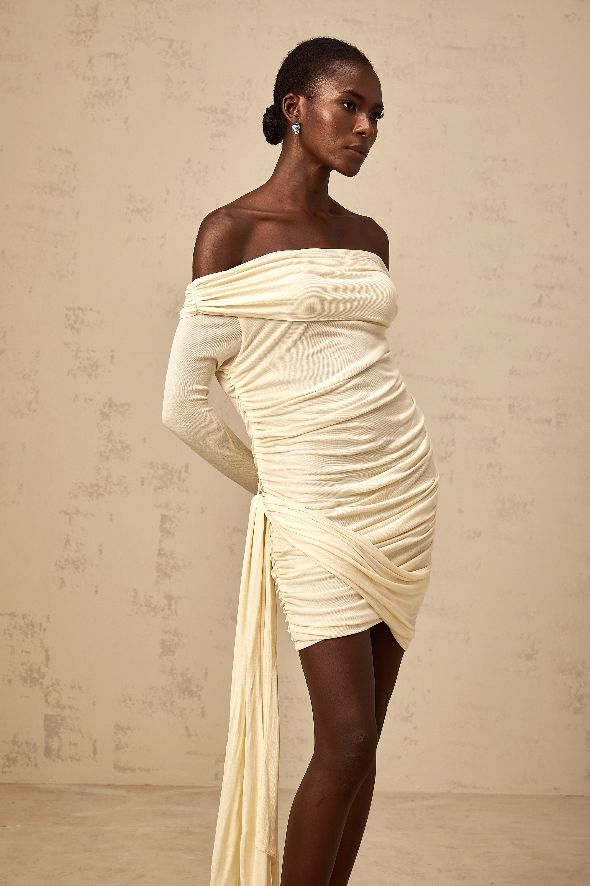 Margaux cream-white ribbon-design ruched mini dress (Final Sale)