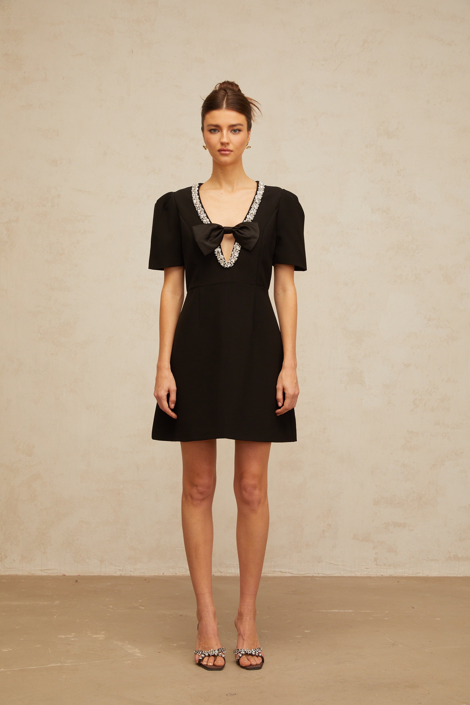Léa black bow embellished mini dress
