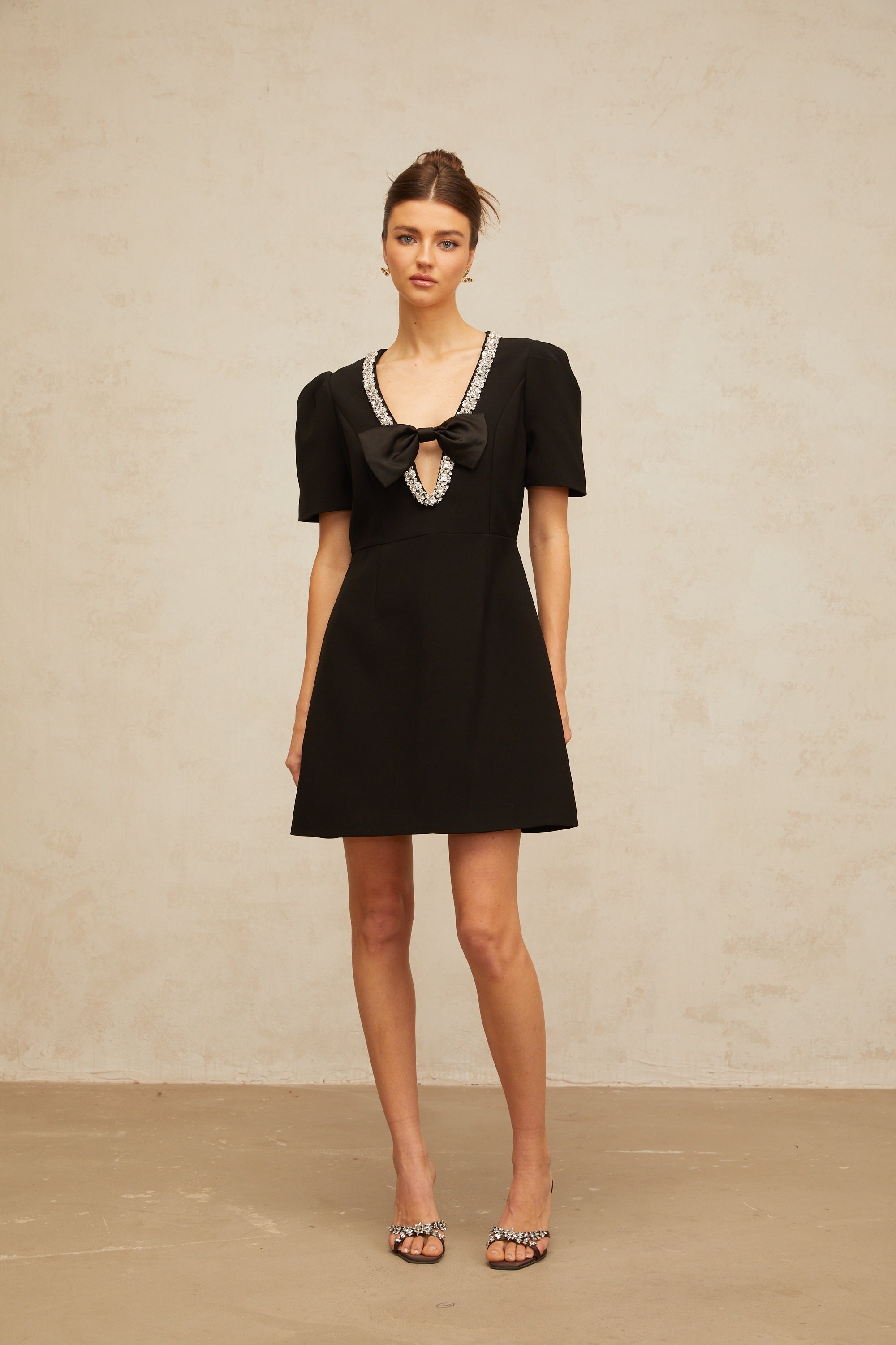 Léa black bow embellished mini dress