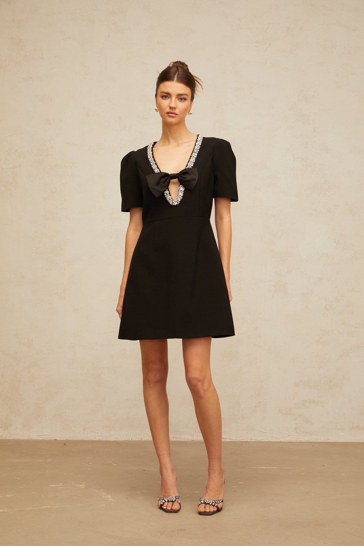 Léa black bow embellished mini dress