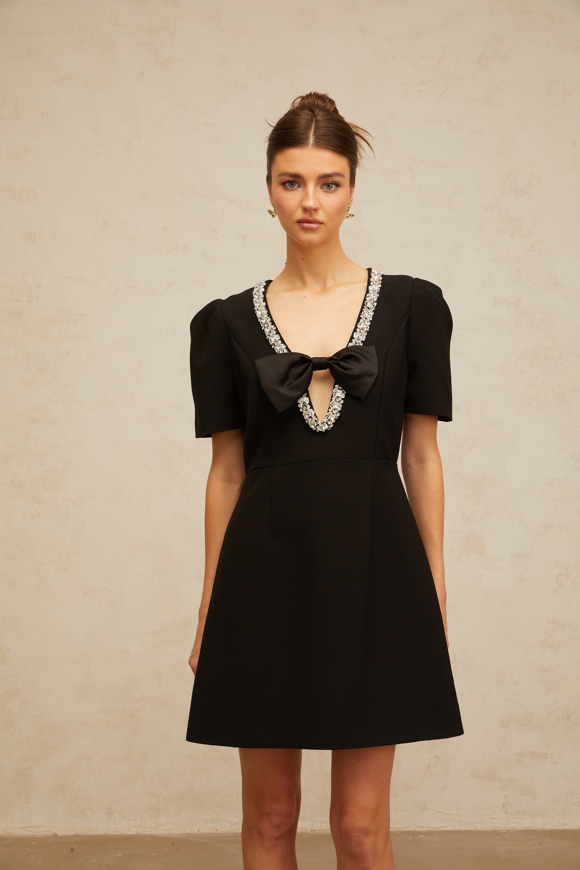 Léa black bow embellished mini dress