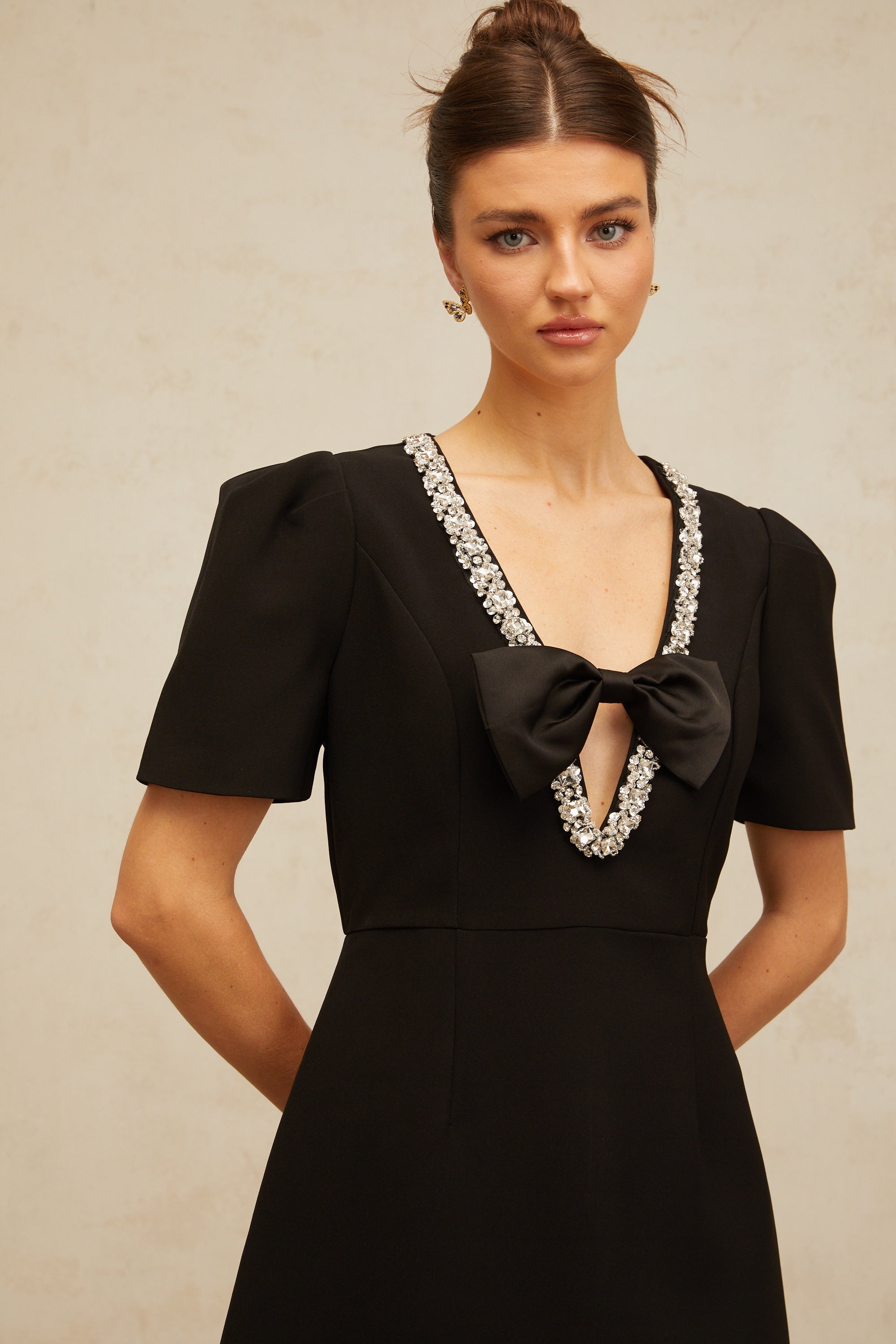 Léa black bow embellished mini dress