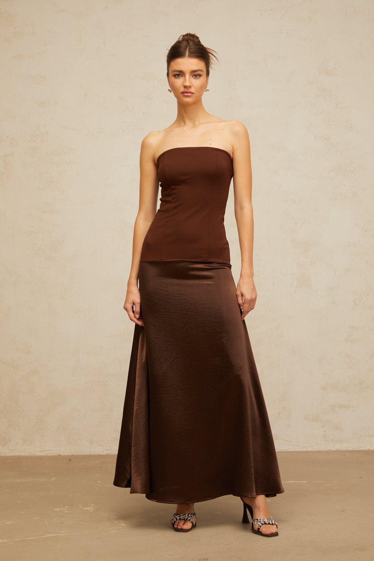 Blaise brown off-shoulder satin-panel maxi dress